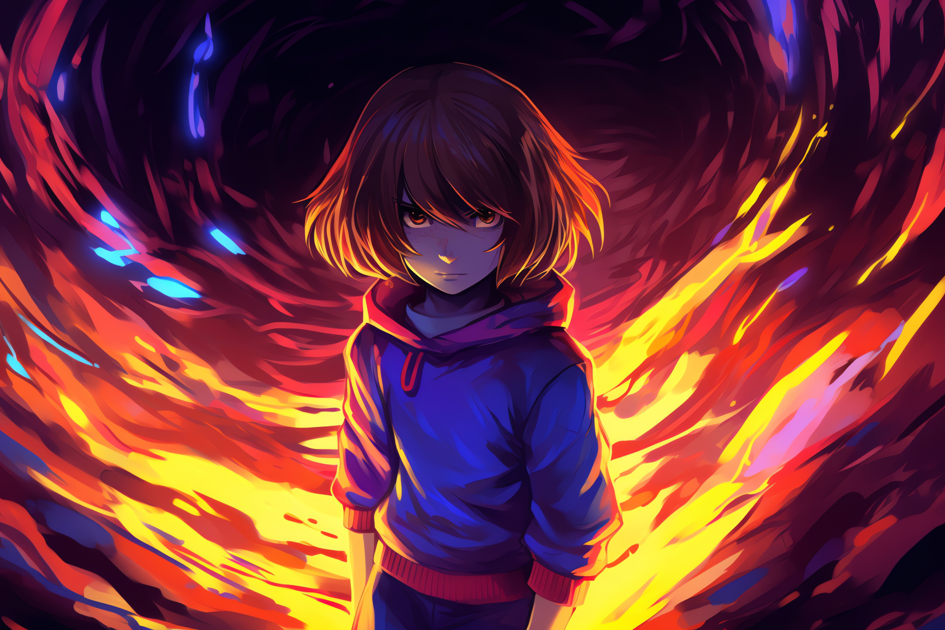 Frisk character, Undertale role-playing, Protagonist depiction, Orange eye detail, Game scenery, HD Desktop Wallpaper