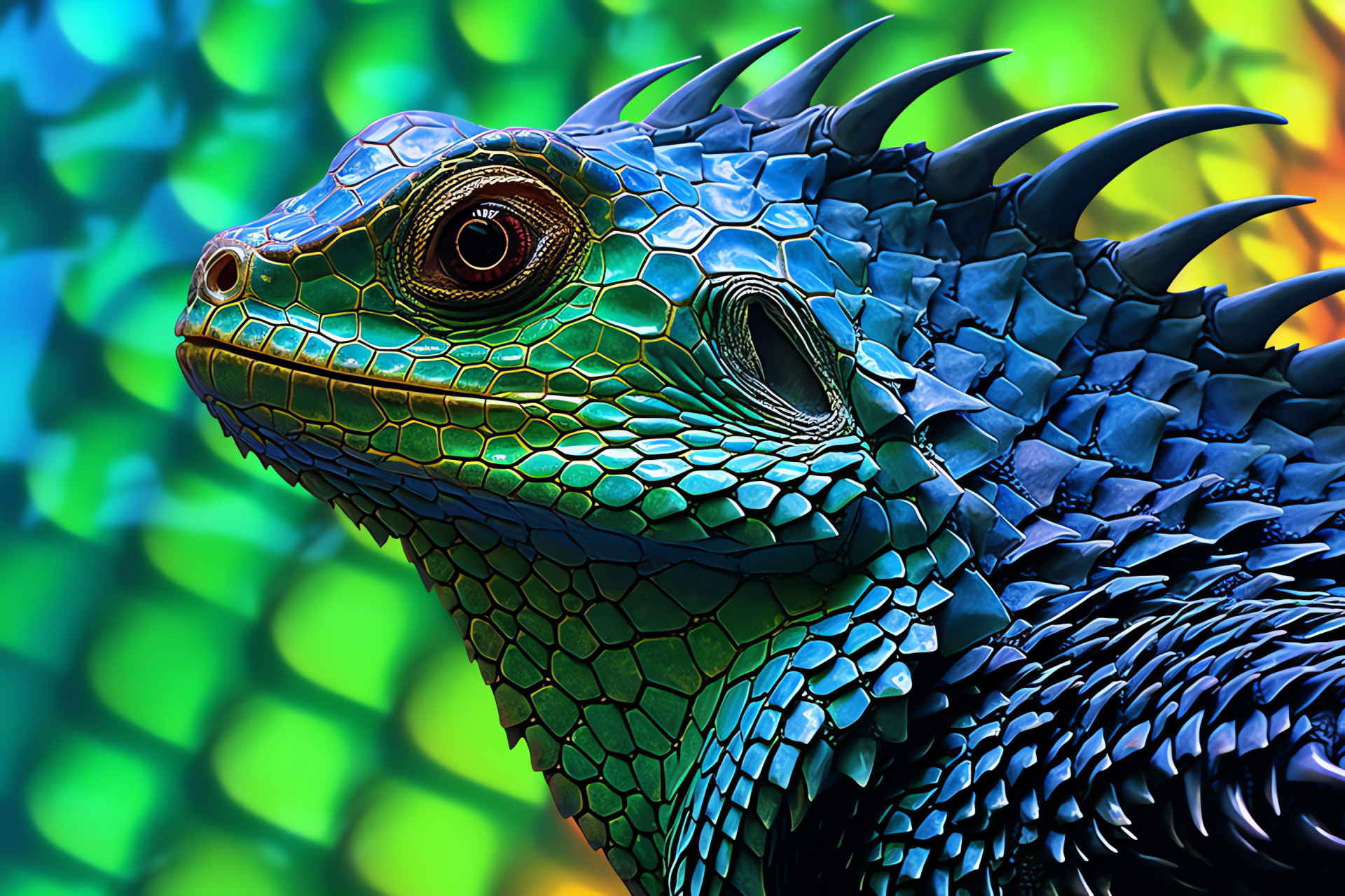 Aquatic lizard species, Water Dragon vibrancy, Striking scaled texture, Emerald and royal hues, Lizard in habitat, HD Desktop Wallpaper