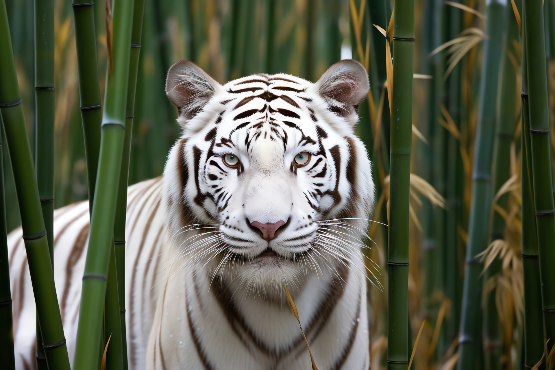 White Bengal Tiger, amber gaze, frosty fur, verdant bamboo habitat, enveloping fog, HD Desktop Image