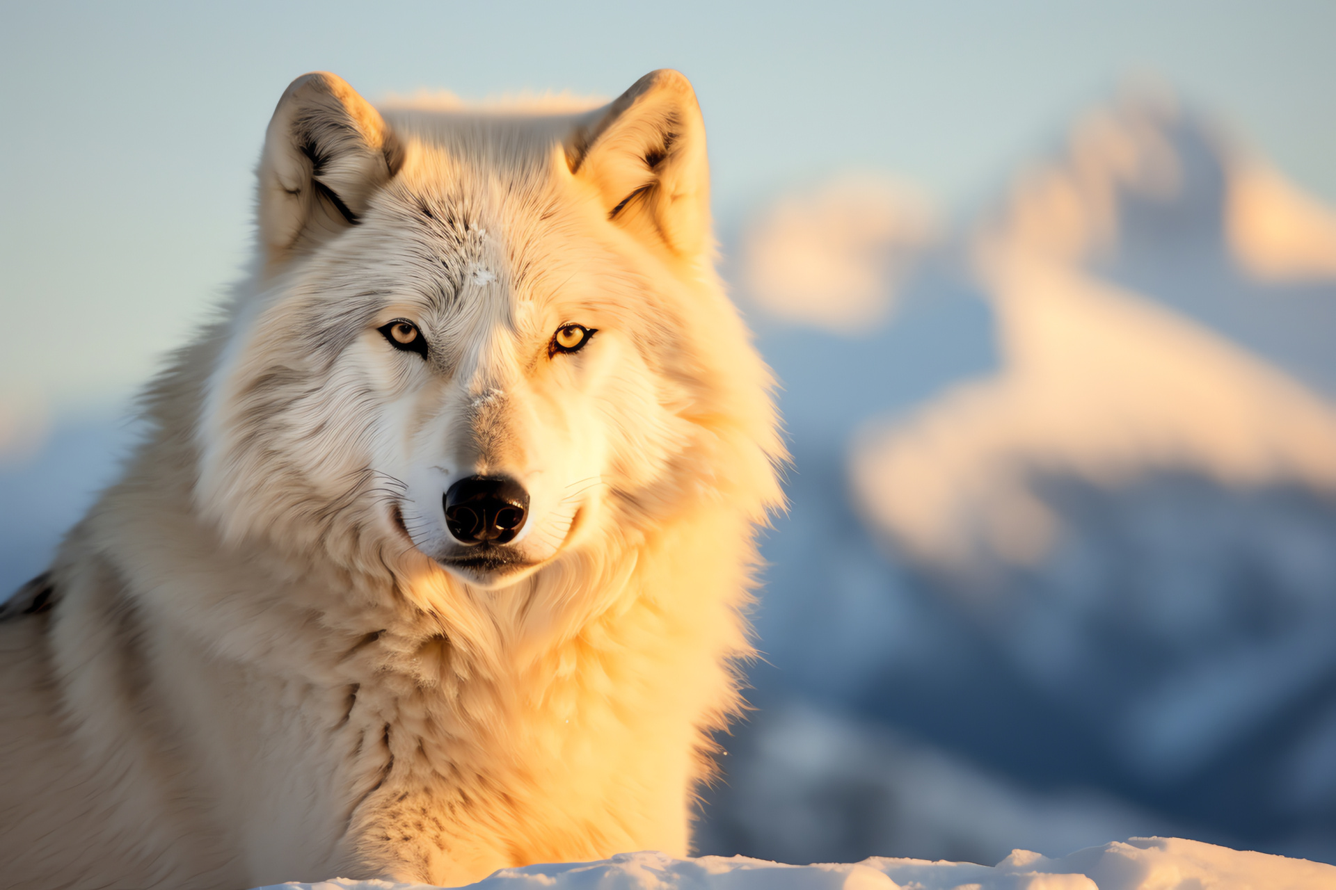 Timber Wolf solitude, Golden-eyed Canis lupus, White snow contrast, Cream coat camouflage, Alpine apex predator, HD Desktop Wallpaper