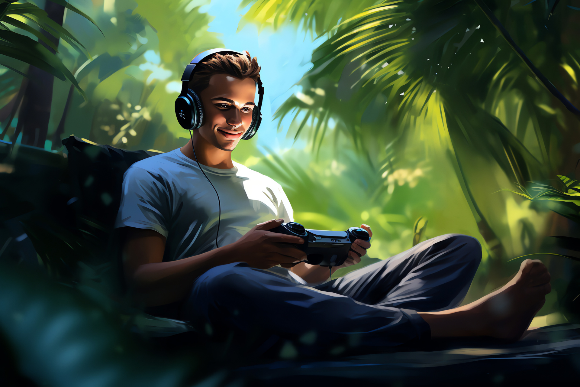 PlayStation setting, Casual gaming, Bean bag comfort, Natural environment, Lush backdrop, HD Desktop Wallpaper