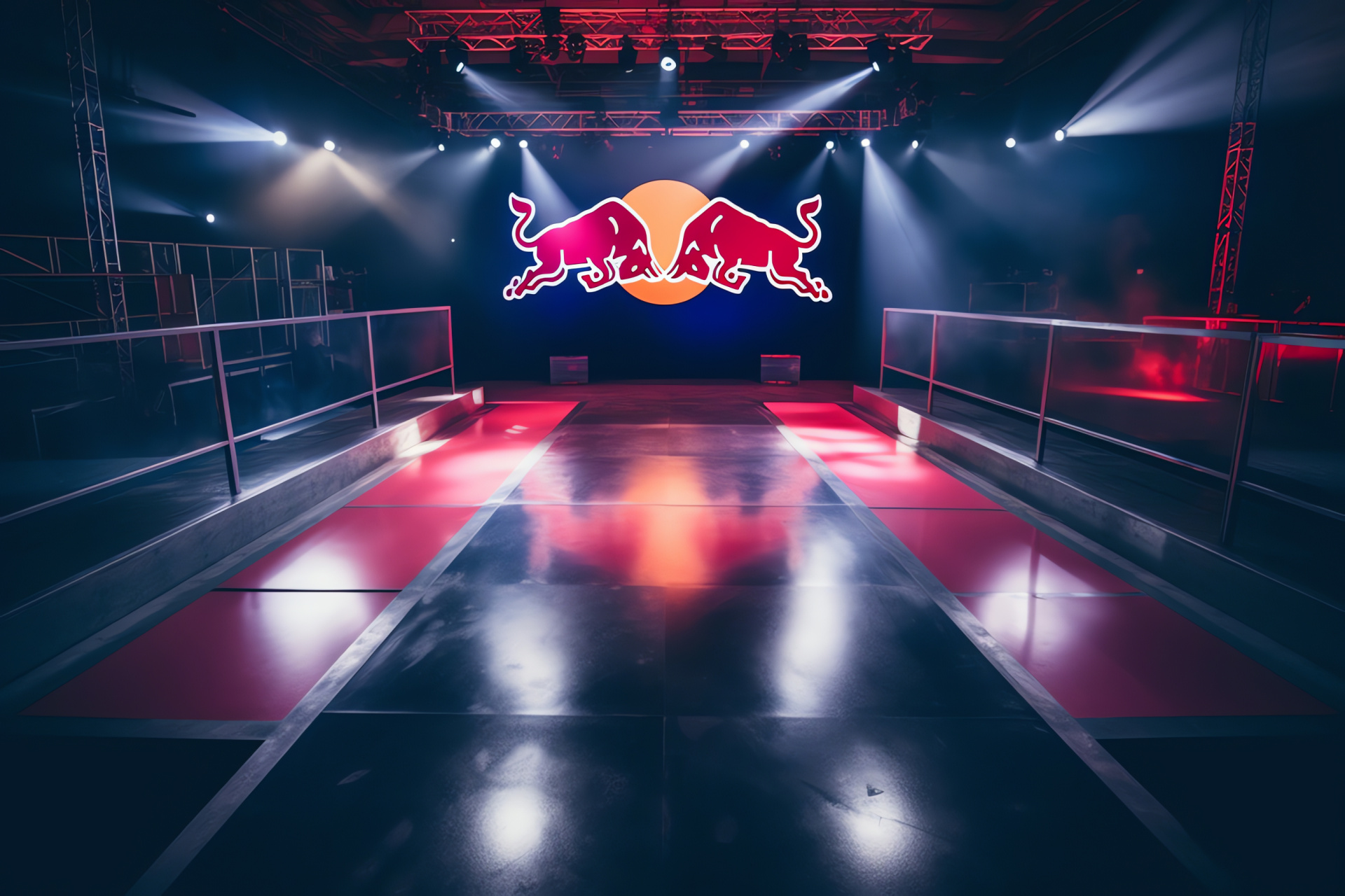 Red Bull trademark, Skateboarding, Urban park, Atmospheric hues, Sports advertisement, HD Desktop Image