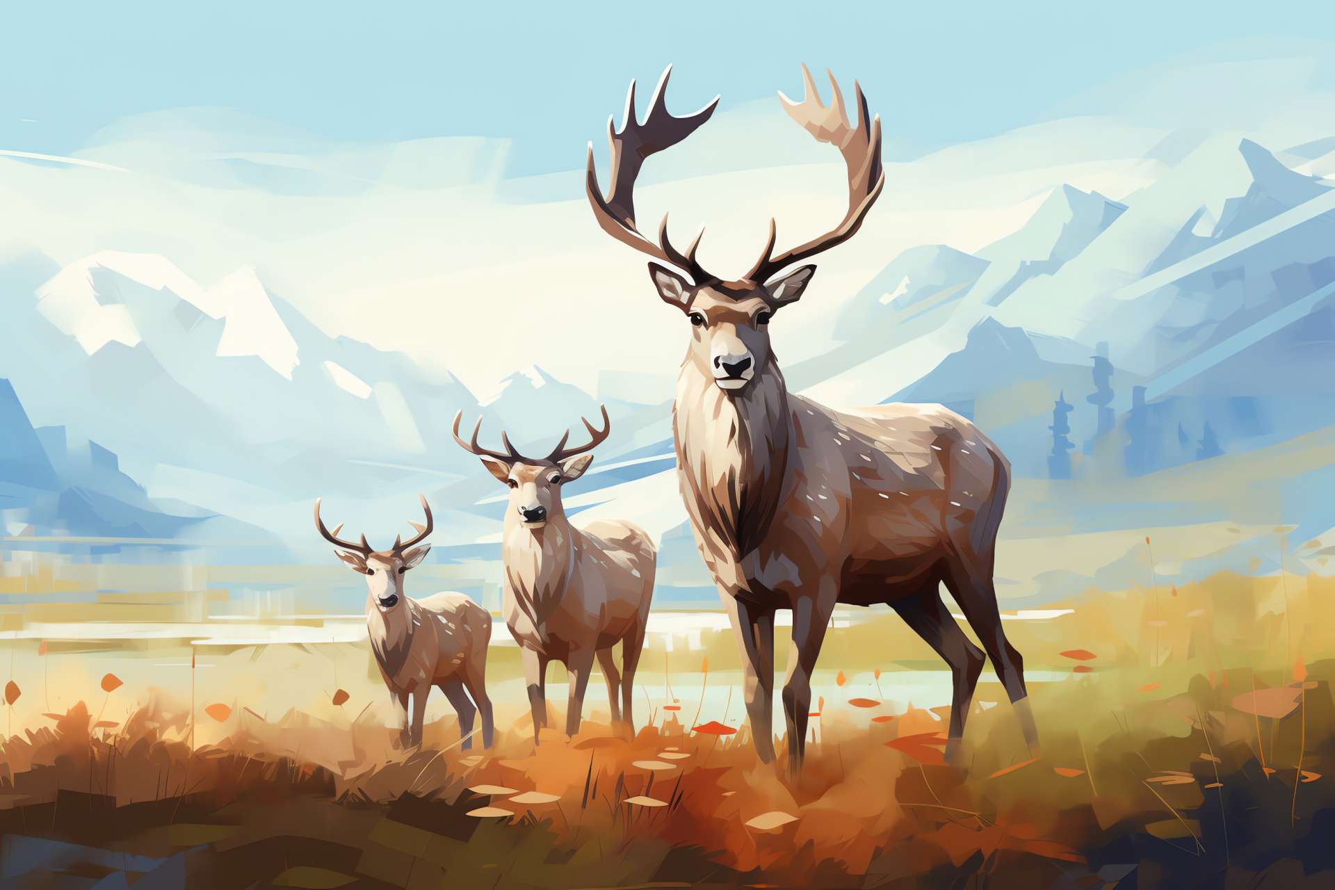 Family of Reindeers, Brown and cream fur, Bucolic meadow, Tranquil setting, Herd dynamics, HD Desktop Image