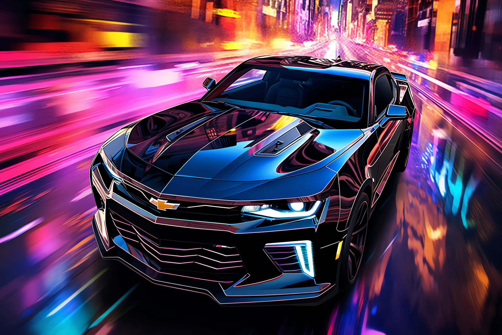 Chevrolet Camaro SS, Neon Cityscape, Dynamic Performance, Muscle Car Revival, Urban Thrill, HD Desktop Wallpaper