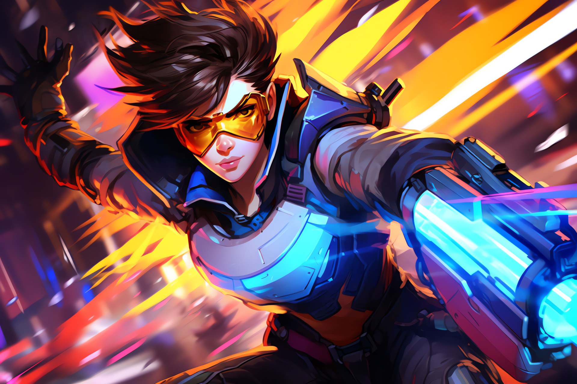 Overwatch game Tracer, Digital warrior, Pulse Bomb attack, Skyscraper vista, Neon-lit metropolis, HD Desktop Image