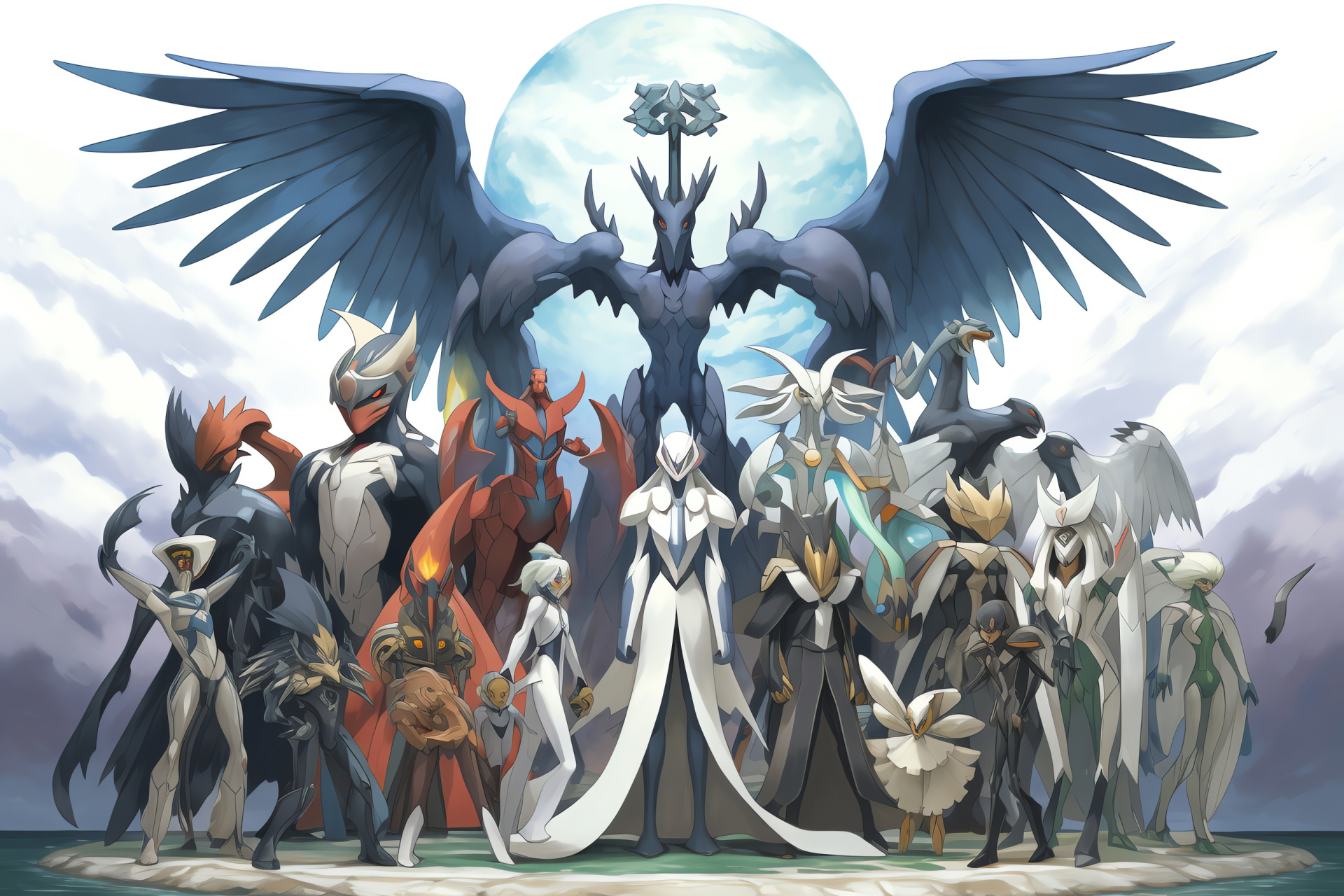 Unova-based Pokemon White, Elite League challenge, Sculptural Unova guardians, Mythical creature carvings, HD Desktop Wallpaper