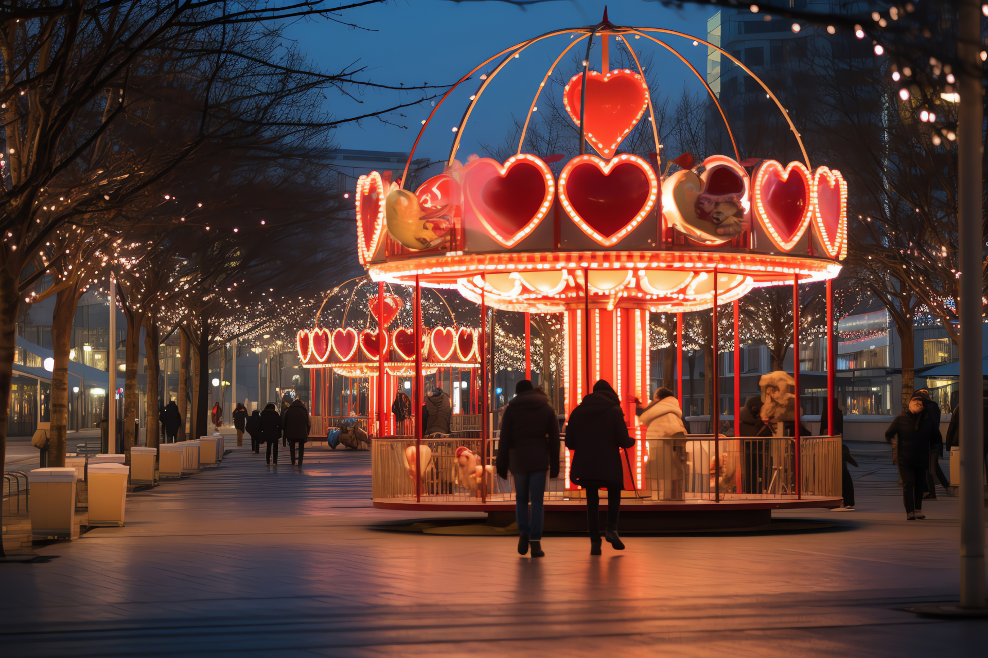 Romantic festival, Municipal celebrations, Urban merry-go-round, Amorous festive symbols, Architectural backdrop, HD Desktop Image