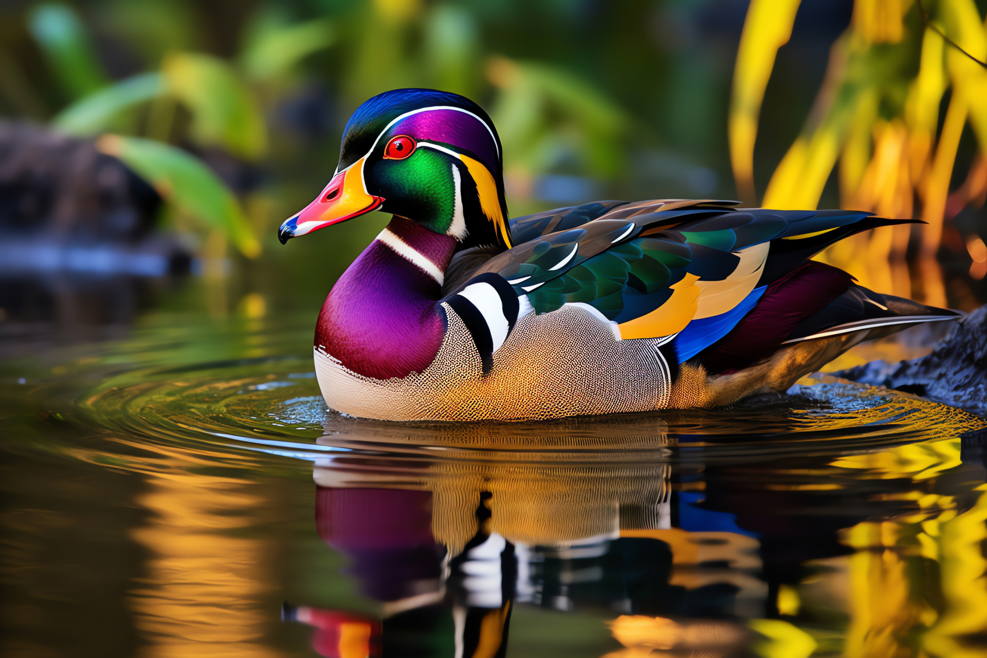 Elegant Wood Duck, Colorful waterfowl, Aix sponsa, Duck pond, Bright plumage display, HD Desktop Wallpaper