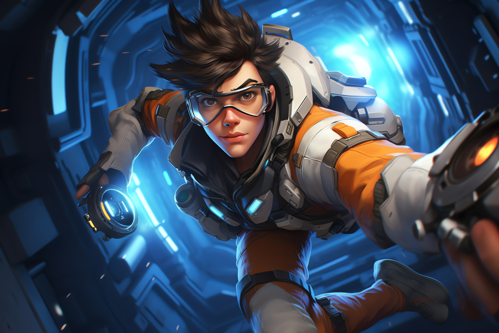 Overwatch universe, Tracer hero, Sci-fi action game, Time manipulation skill, Spacecraft setting, HD Desktop Image