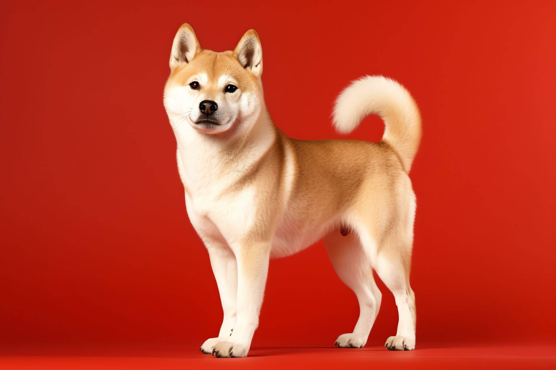 Shiba Inu coat, Japanese canine, Pet posture, Solid backdrop, Dog visual appeal, HD Desktop Image