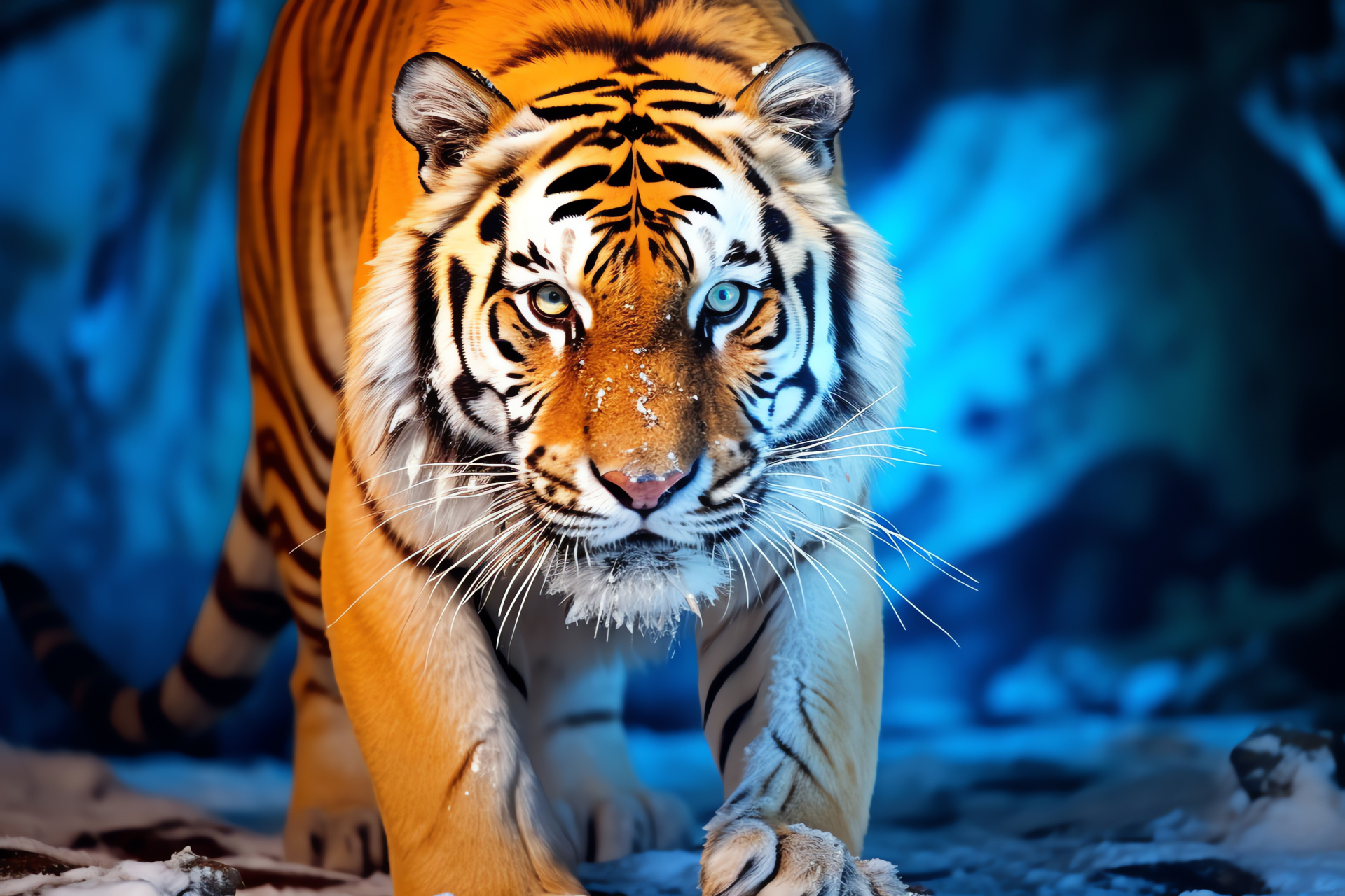 Tiger form, blue and white contrast, amber-eyed feline, commanding big cat, HD Desktop Wallpaper