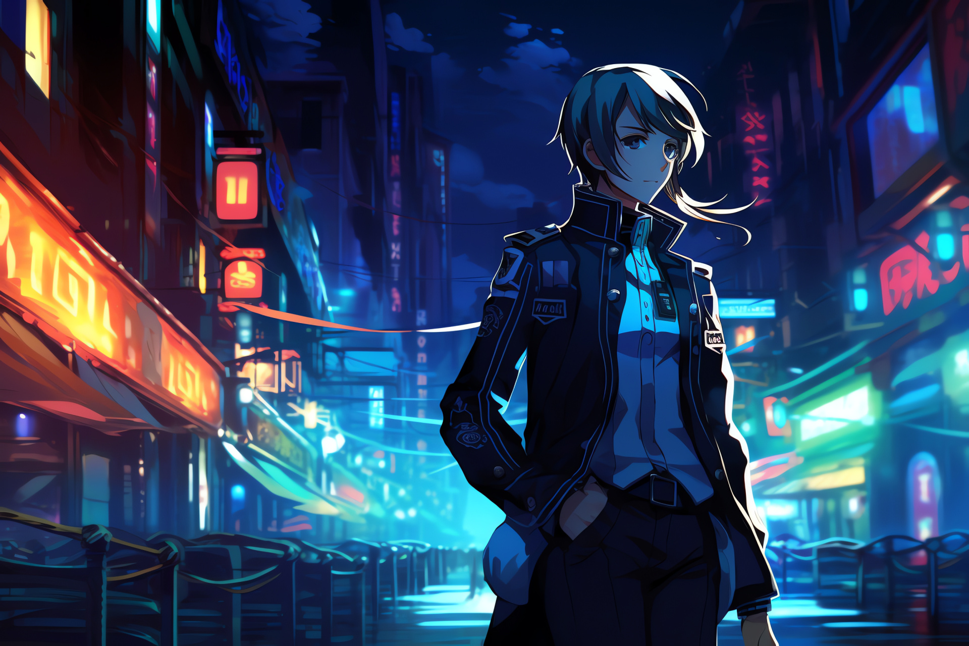 Persona 3 protagonist visual, High school attire, Evoker accessory, Neon illumination effects, Main character, HD Desktop Wallpaper