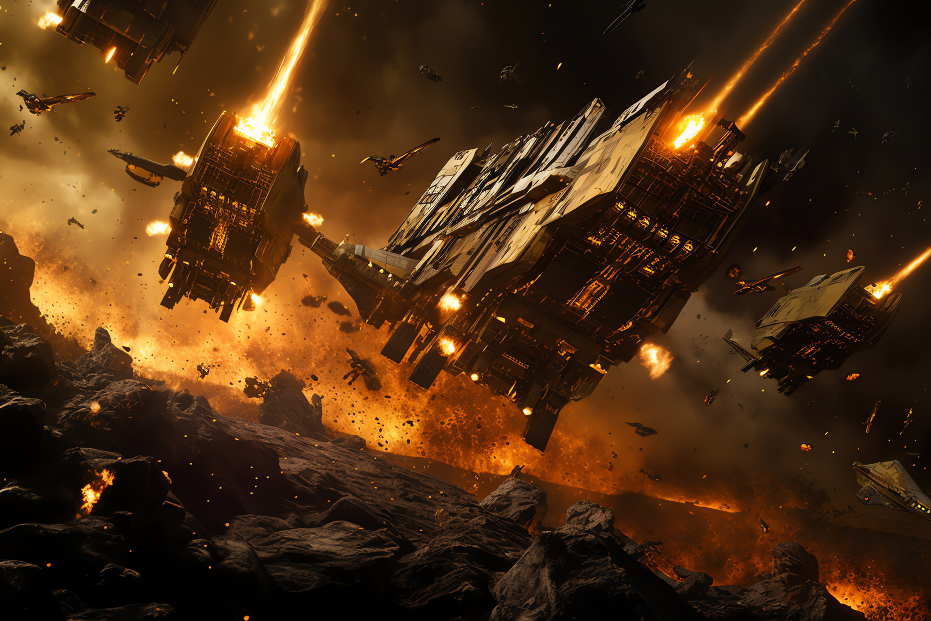 Cosmic standoff, Spacecraft agility, Explosive encounter, Stellar tactics, Golden explosion, HD Desktop Wallpaper