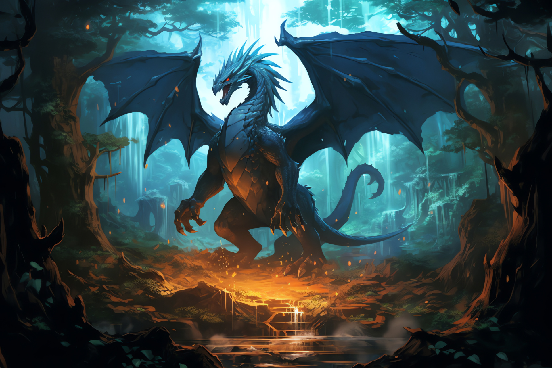 Mega Charizard, primeval woods, historical rubble, rampant growth, blazing silhouette, HD Desktop Image