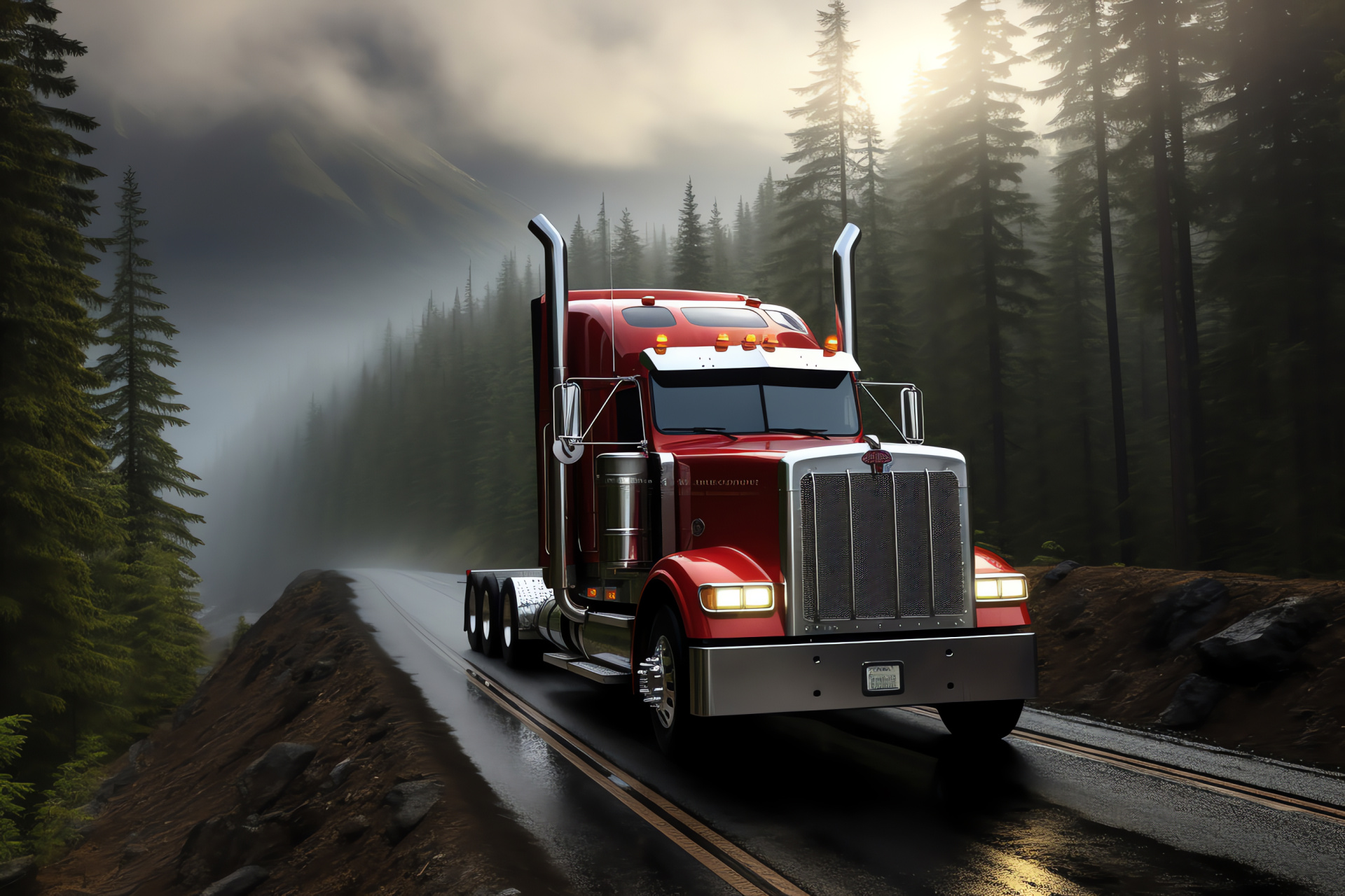 Peterbilt insignia, Forest transport scene, Logging operation, Mountainous backdrop, Wilderness trucking, HD Desktop Image