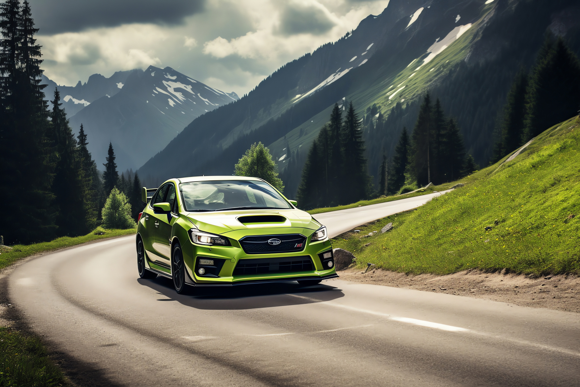 Street Racing Cars, Subaru Impreza WRX STI, Swiss Alps, Hairpin turns, Rally design, HD Desktop Image