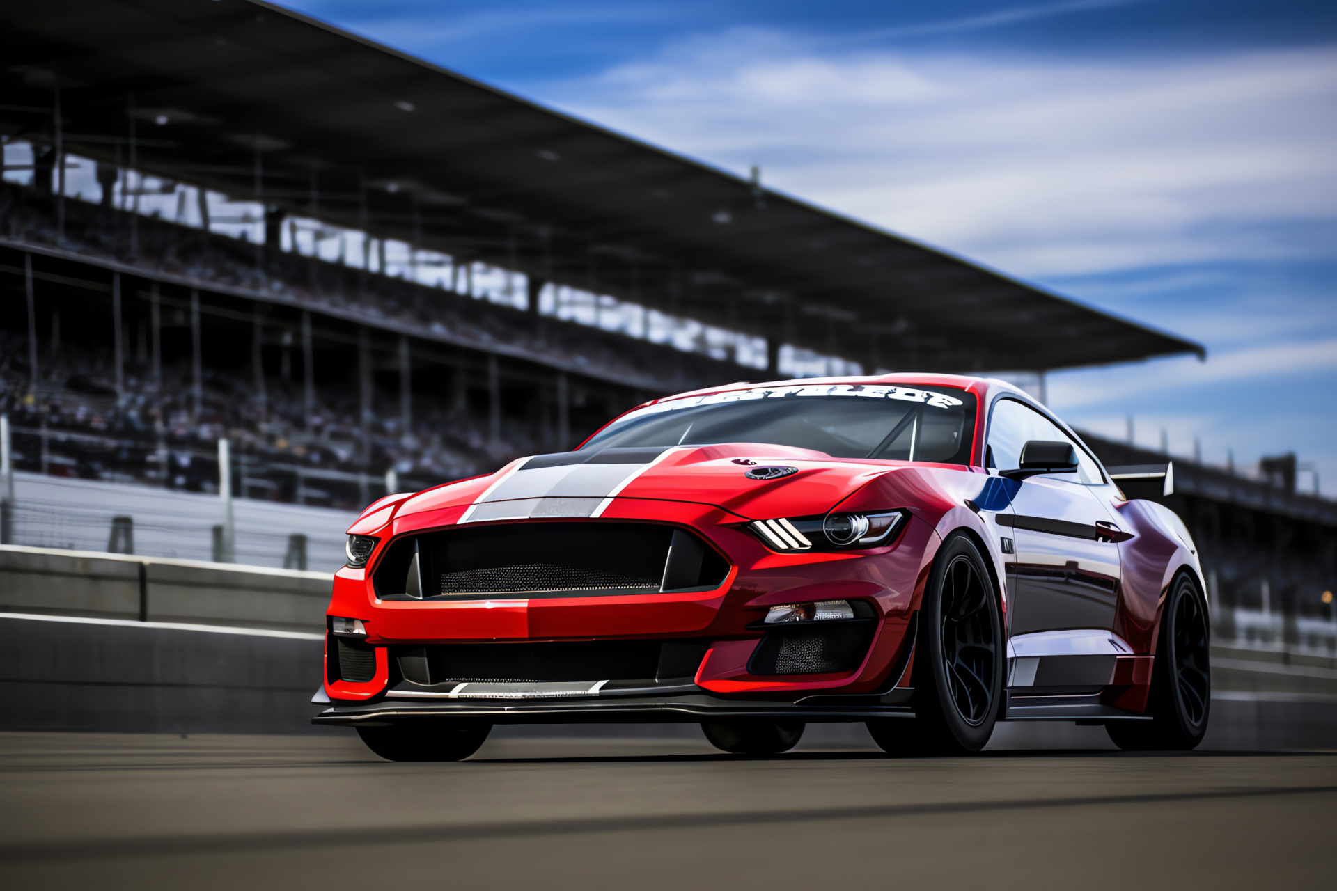 Mustang GT350R, High-performance vehicle, Indianapolis race track, Aerodynamic sports car, Racing circuit atmosphere, HD Desktop Image