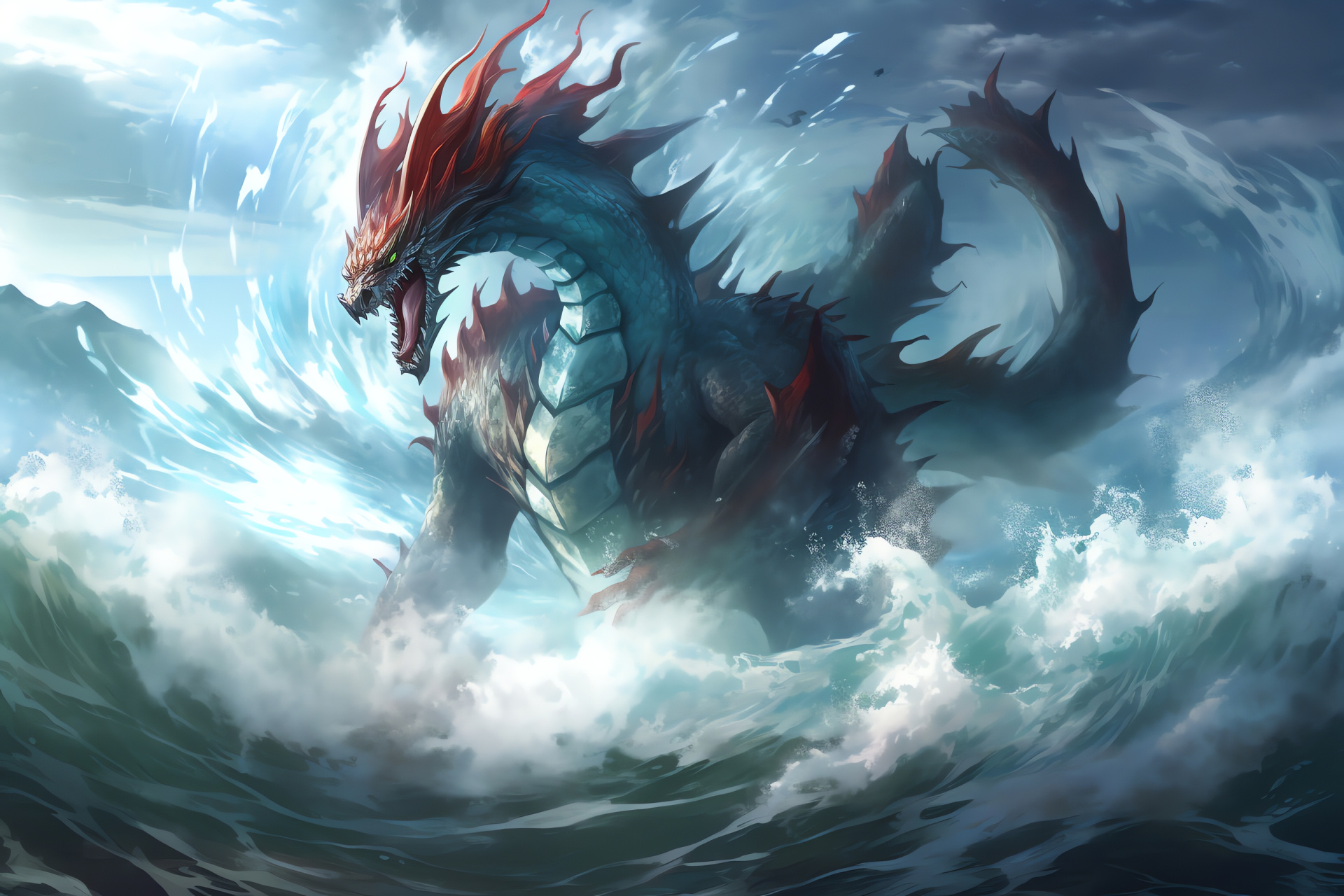 Mighty Gyarados, Tumultuous ocean setting, Water-type Leviathan, Dynamic movement, Wave mastery, HD Desktop Wallpaper