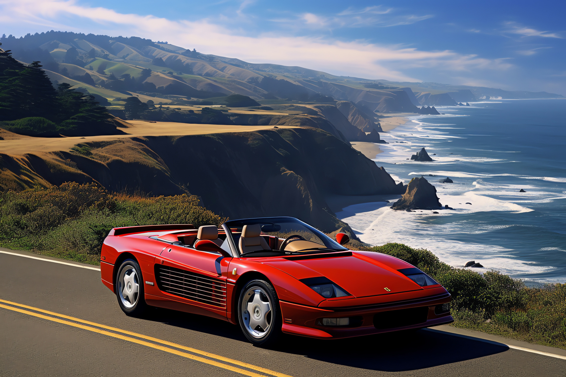 Ferrari Testarossa Convertible, Iconic sports car, Highway driving experience, Seaside landscape, Luxury drive, HD Desktop Wallpaper