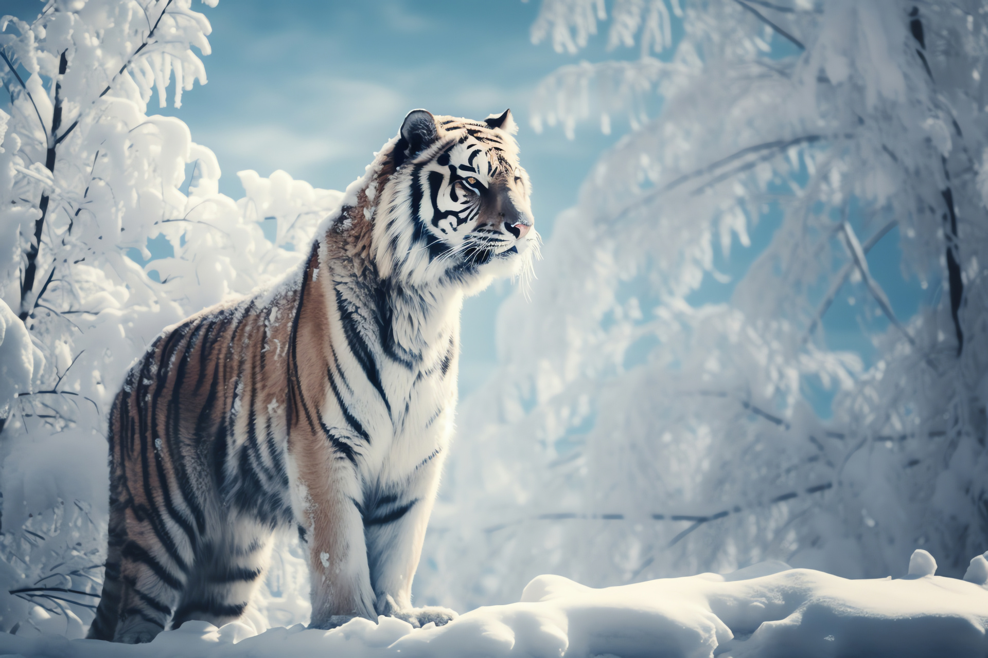 Majestic winter tiger, thick insulating fur, fluffy appearance, serene snowy setting, cold climate wildlife, HD Desktop Image