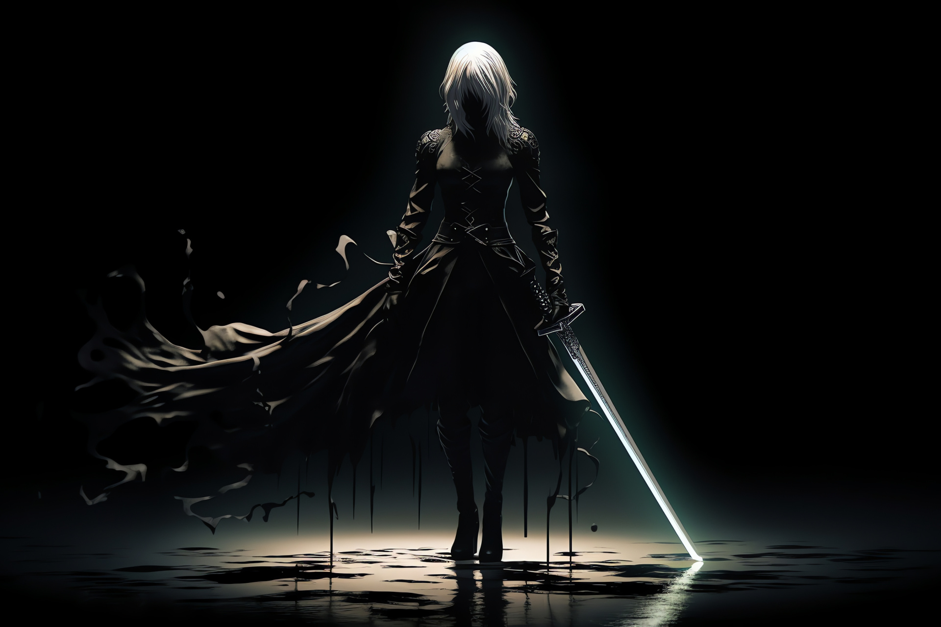 Nier Gestalt warrior, intense warrior visage, scarlet stare, luminescent weapon, dark void, HD Desktop Image