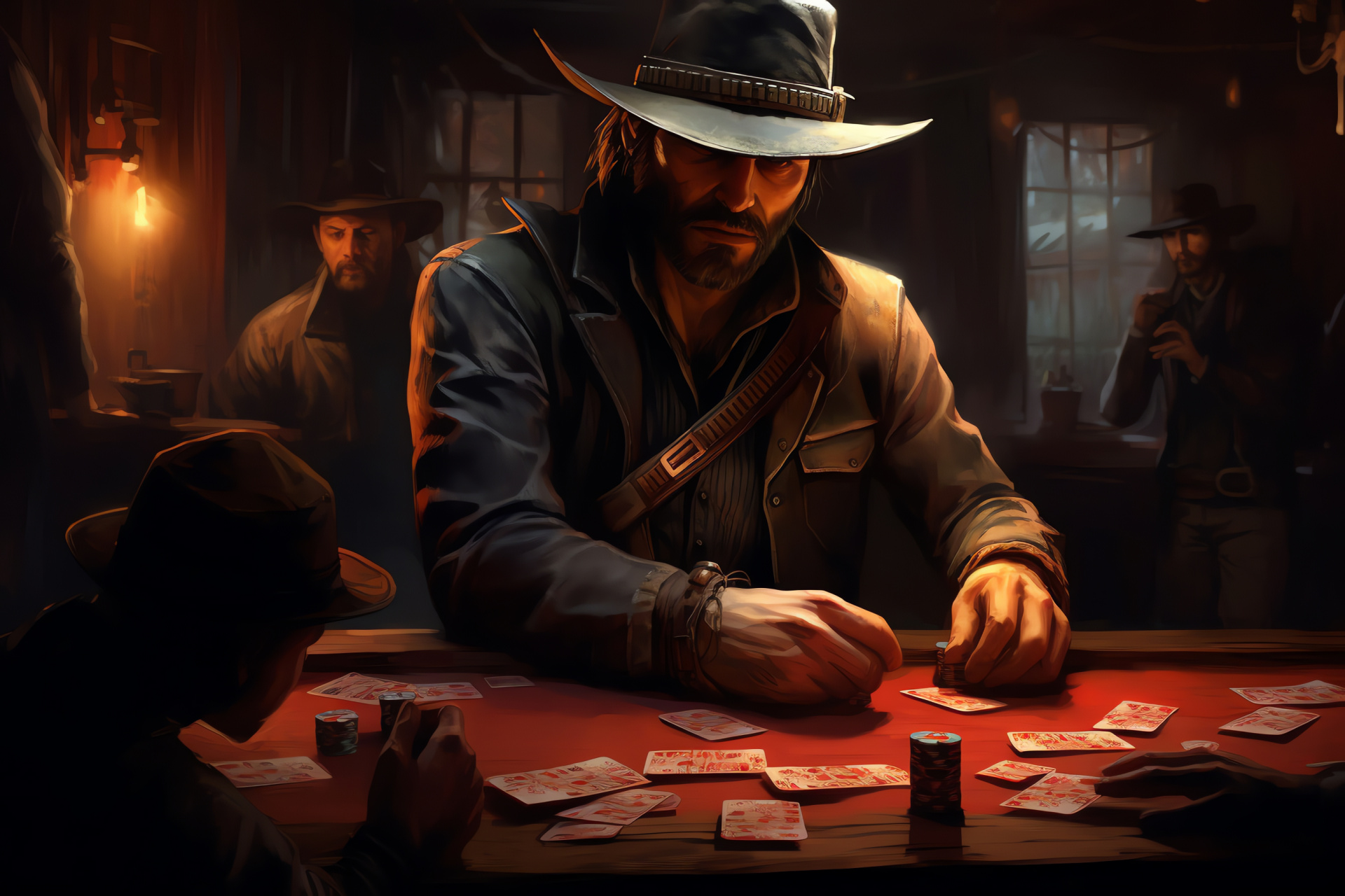 Gunslinger Arthur Morgan, Poker card game, Saloon interactive scene, Western cowboy life, In-game action, HD Desktop Image