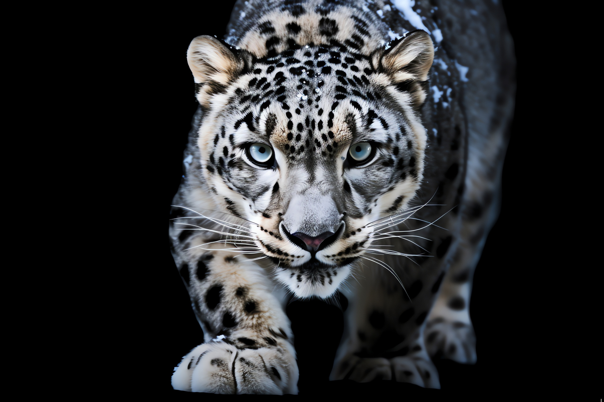 Predatory Snow Leopard, ambient black backdrop, elegant white fur, feline mystery, stealthy demeanor, HD Desktop Wallpaper