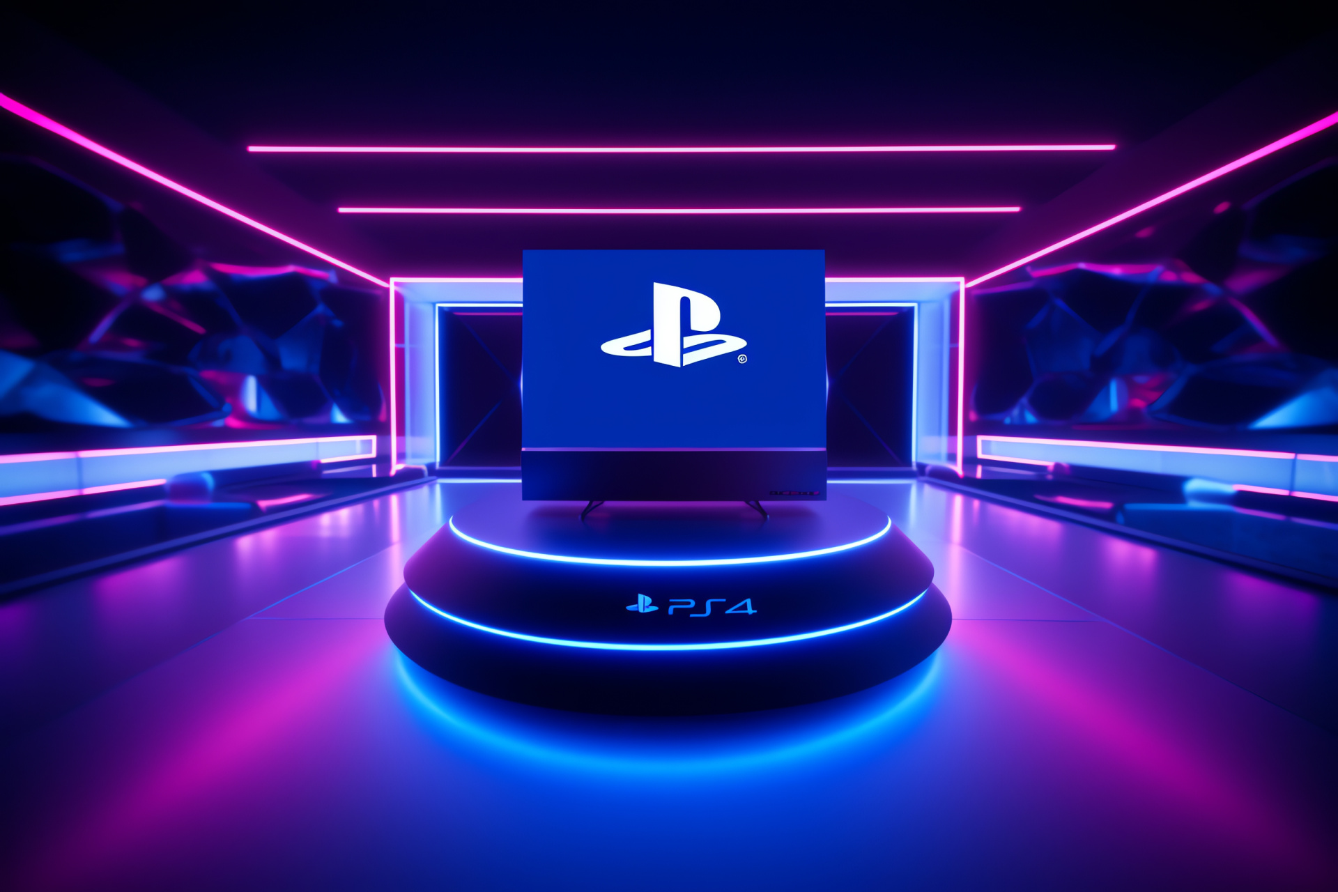 Gaming insignia PS4, Solid two-tone backdrop, Emerald green, Royal purple contrast, Light-emanating contours, HD Desktop Wallpaper