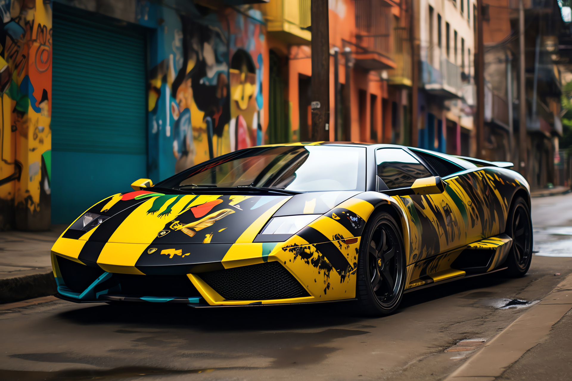 Murcielago Rio Edition, Brazil-themed artwork, Rio de Janeiro setting, Christ the Redeemer backdrop, Graffiti artistry, HD Desktop Wallpaper