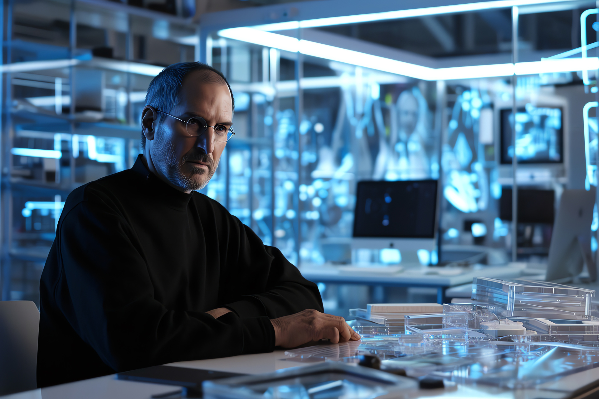 Steve Jobs with Macintosh, Visionary leader, Office setting, Creative workplace, Tech innovation, HD Desktop Wallpaper