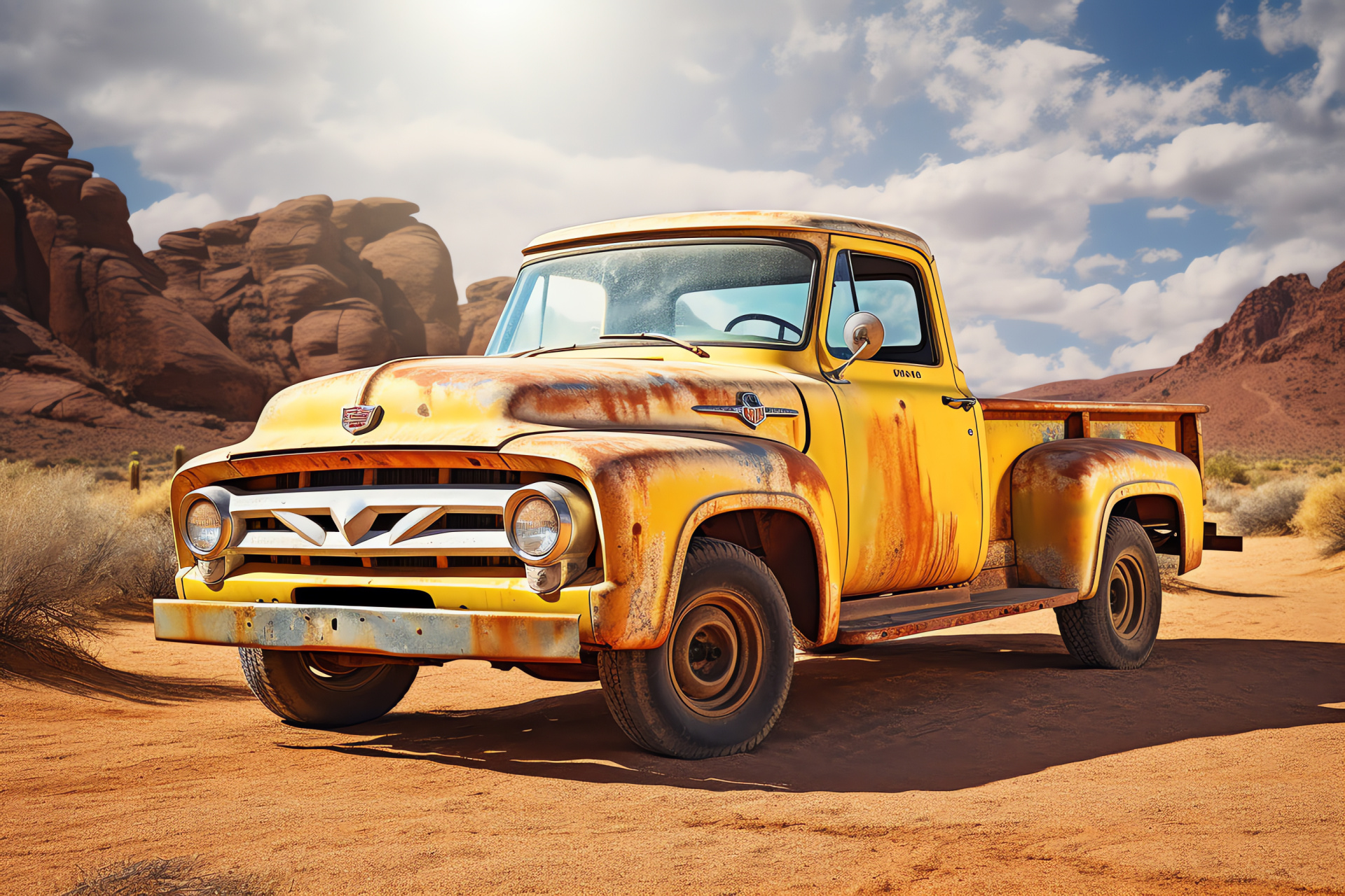 Ford Truck desert, F-100 model, arid landscape, weathered paint, Southwestern adventure, HD Desktop Image