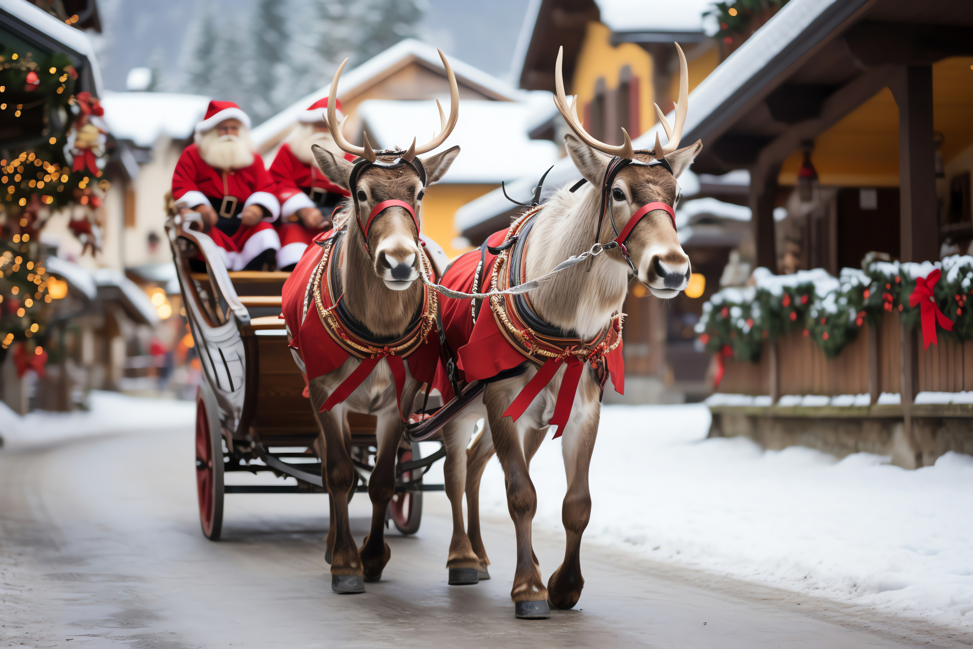 Rudolph Swiss voyage, Alpine township Xmas, Snowcaps backdrop, Idyllic mountain holiday, Celebration in the Alps, HD Desktop Image