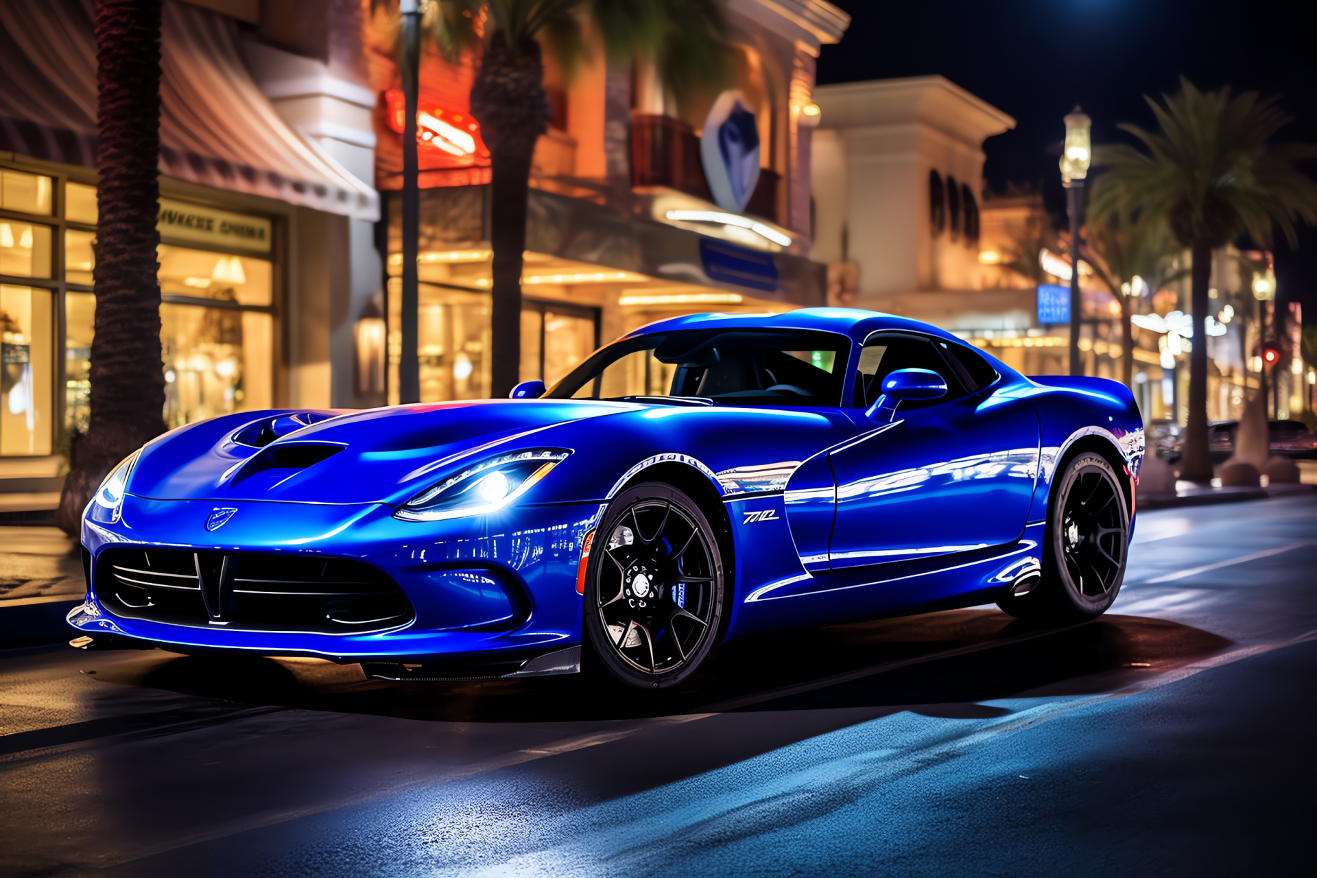 Las Vegas SRT Viper GTS, vibrant casinos, neon buzz, high-gloss metallic, Strip cruise, HD Desktop Wallpaper