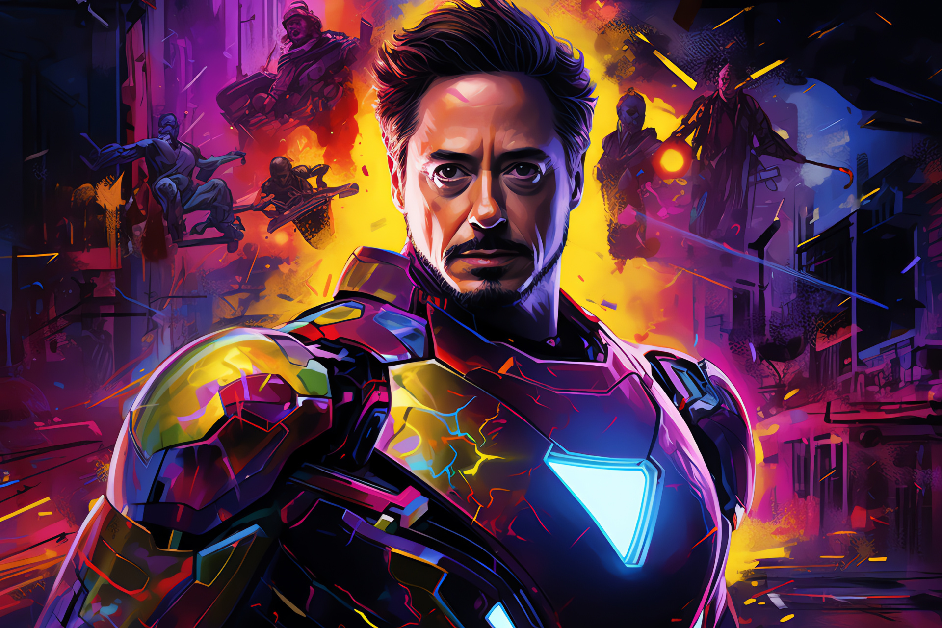 Robert Downey Jr as Iron Man, Superhero fanfare, Futuristic portrayal, Artistic expression, Glow effect, HD Desktop Image