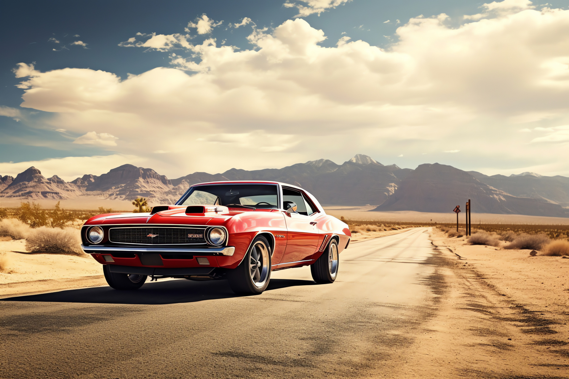 Classic red muscle car, Historic Route 66, American road icon, Desert scenic drive, Performance car, HD Desktop Image