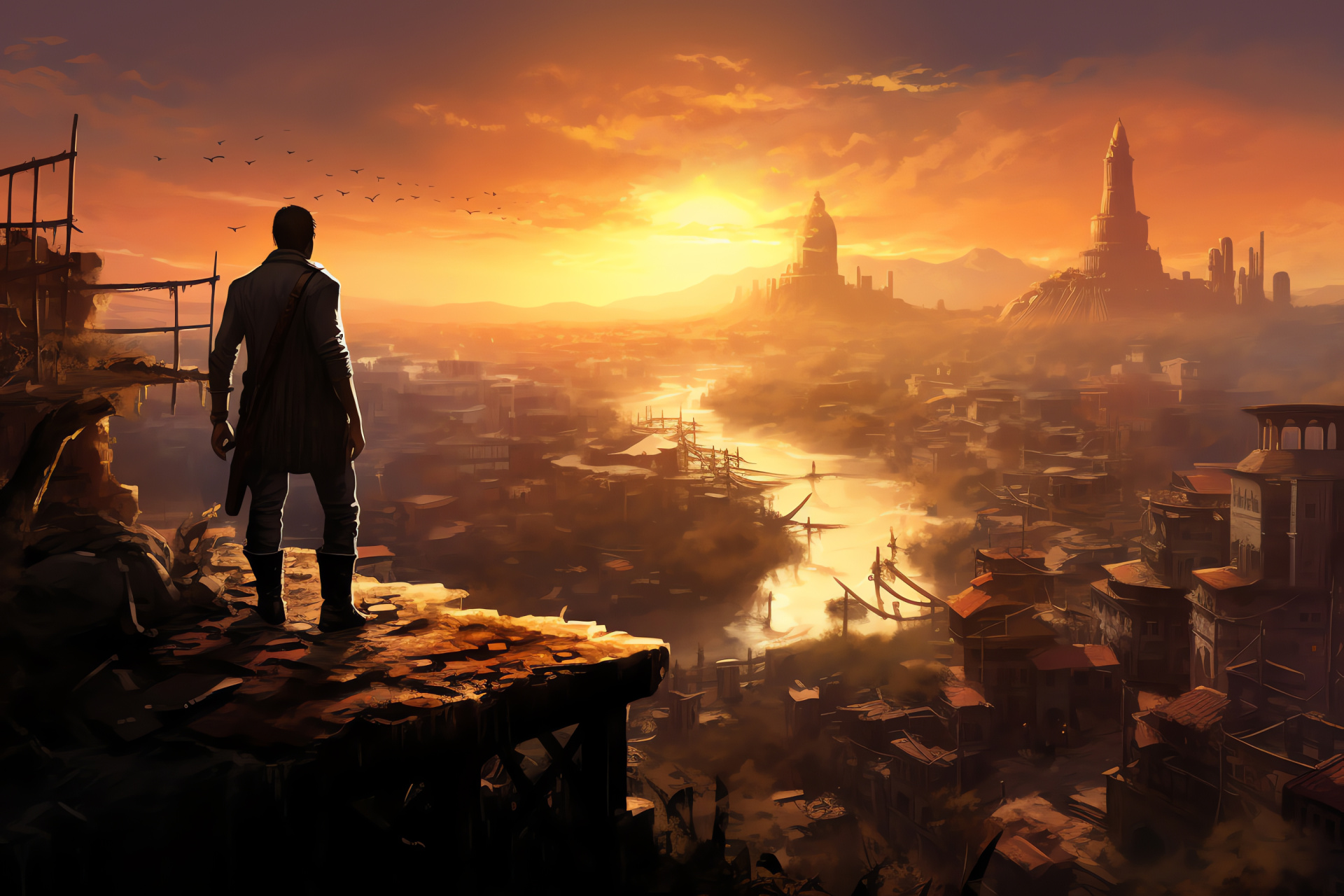 Uncharted 2s Victor Sullivan, Wise aging companion, Looming precipice, Dynamic urban skyline, Guide to treasure, HD Desktop Wallpaper