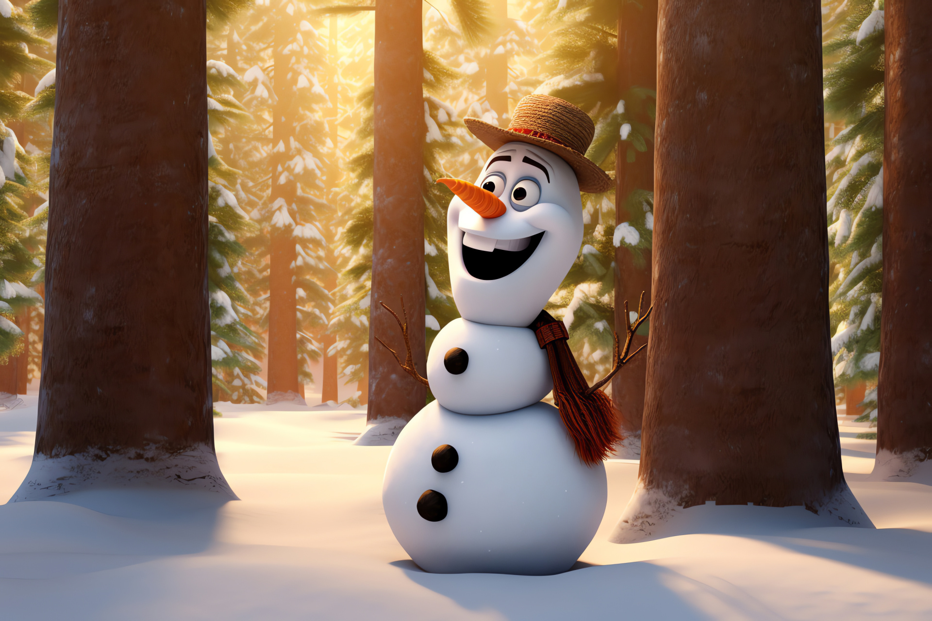 Frozen film character celebration, white winter ambiance, evergreen serenity, snowman warmth, lively chirps, HD Desktop Wallpaper