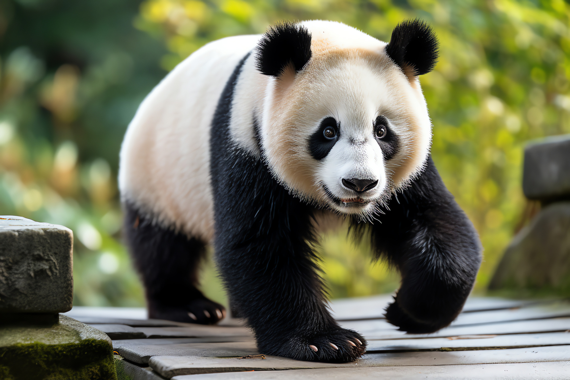 Curious panda bear, Eyes amber, Fur monochrome, Habitat captive, Mimicry natural, HD Desktop Image