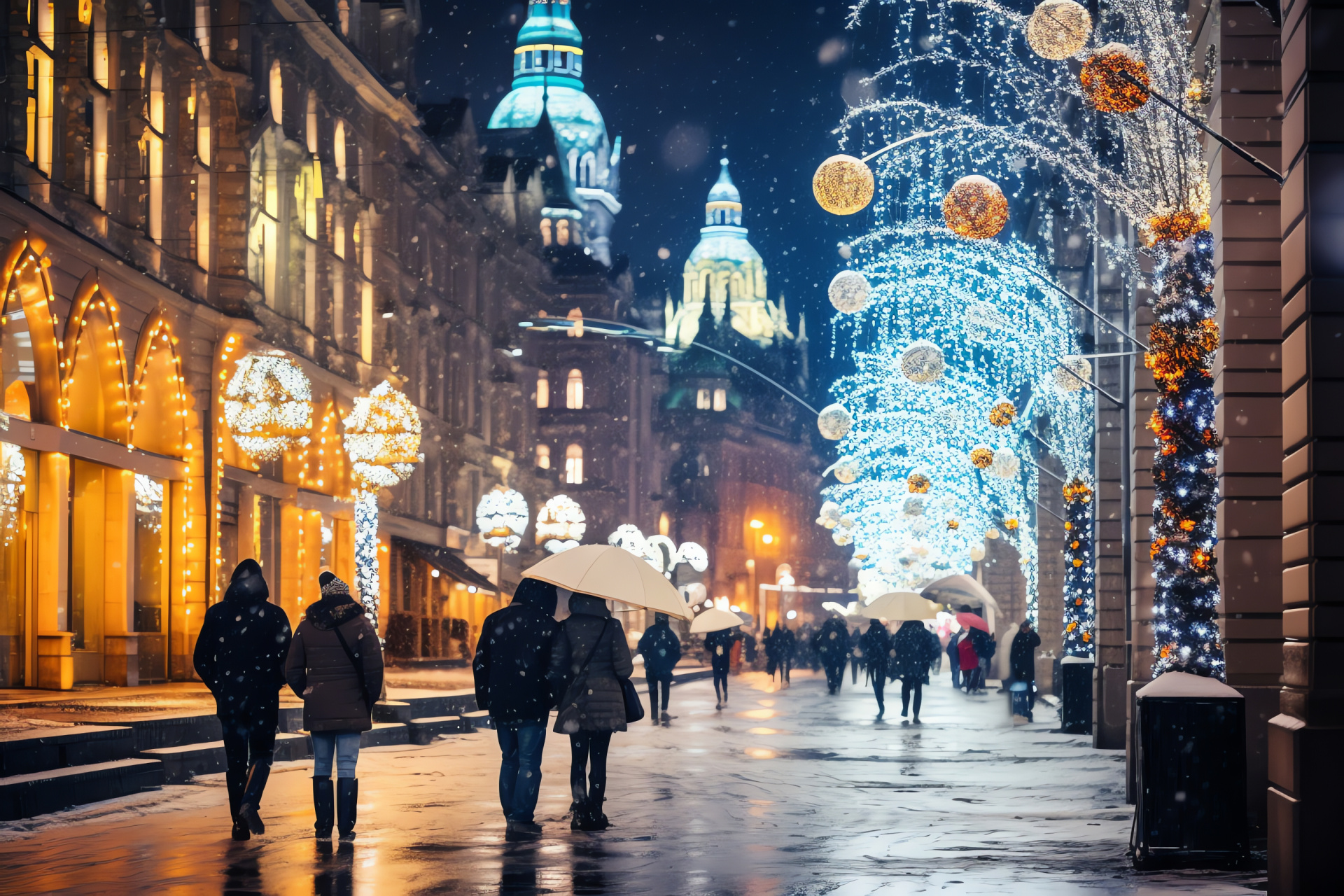 Municipal celebration, Illuminated avenue, Architecture, Holiday mood, Strolling individuals, HD Desktop Image