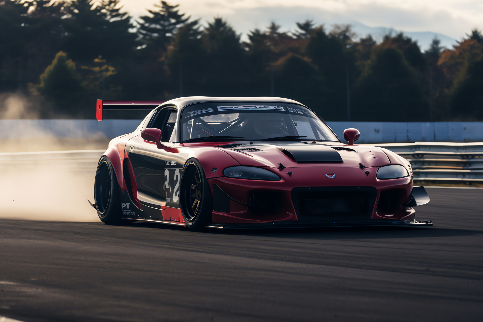 Veilside Fortune RX-7, Tsukuba Circuit action, Racing tire haze, Aerodynamic silhouette, Performance vehicle, HD Desktop Wallpaper