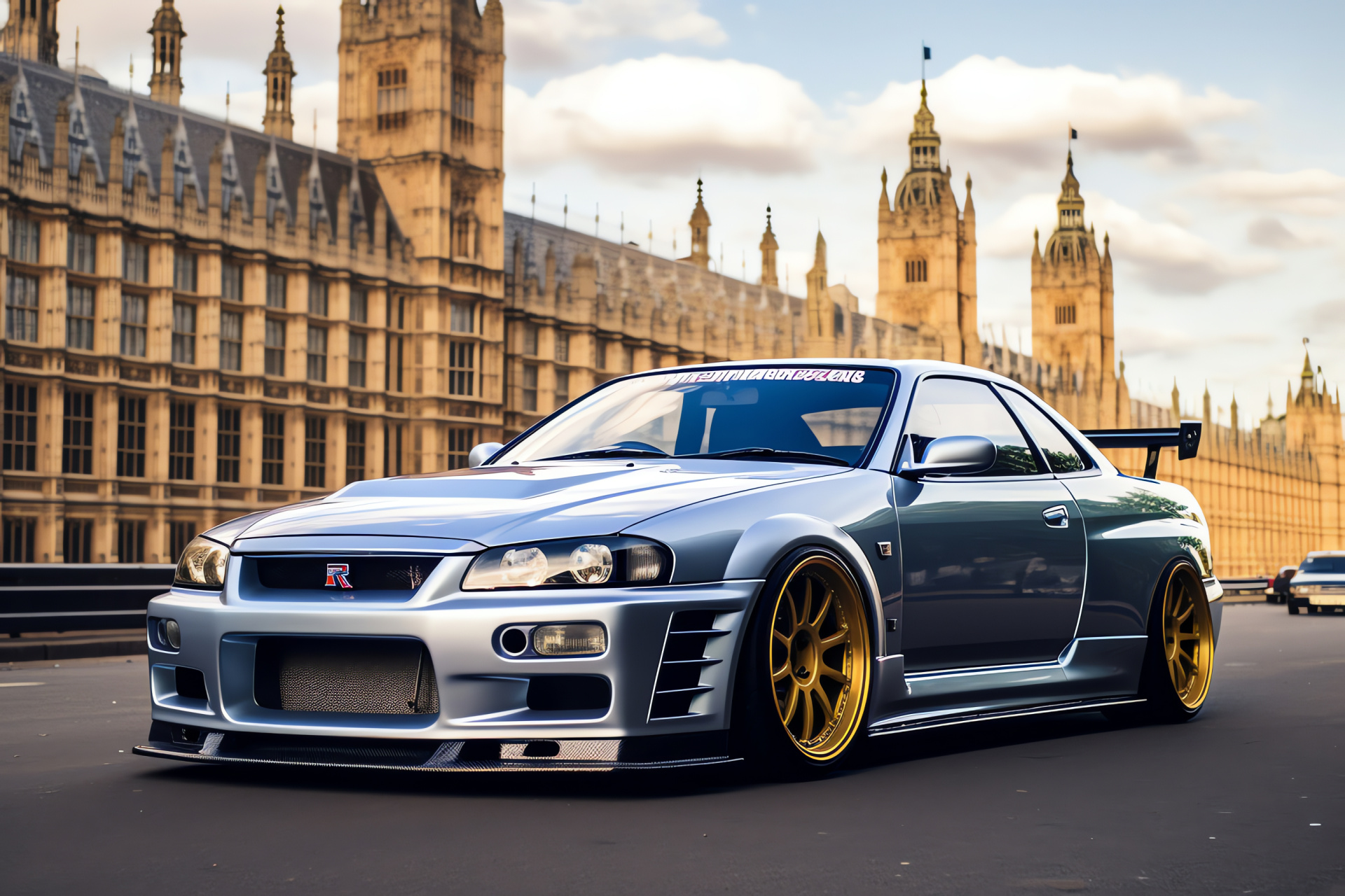 Nissan Skyline R33, London cityscape, Famous landmarks framing, Iconic British horizons, Sophisticated styling, HD Desktop Wallpaper