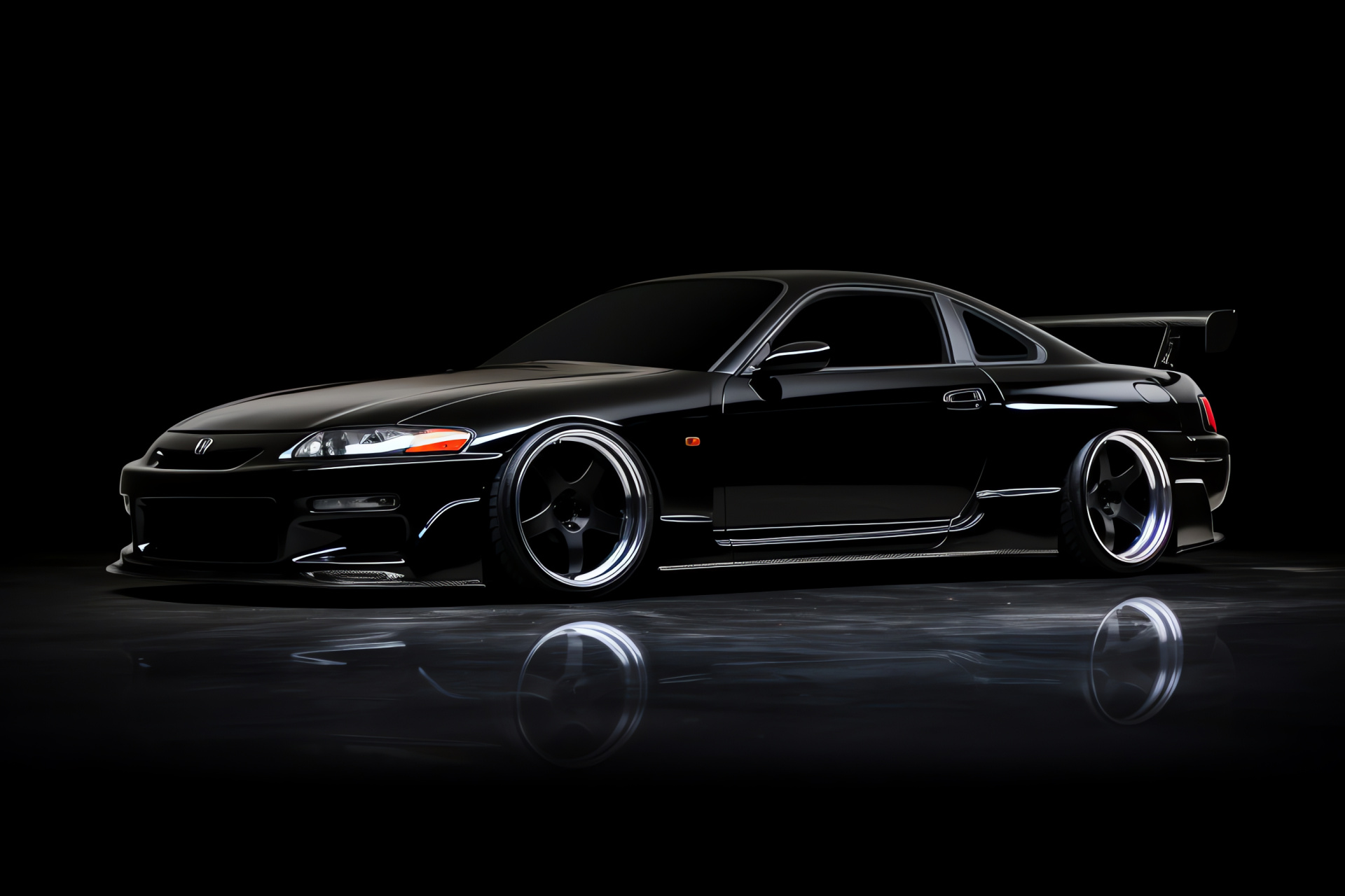 S15 Silvia Spec-S Aero, glossy black, side profile, black backdrop, minimalist design, HD Desktop Wallpaper