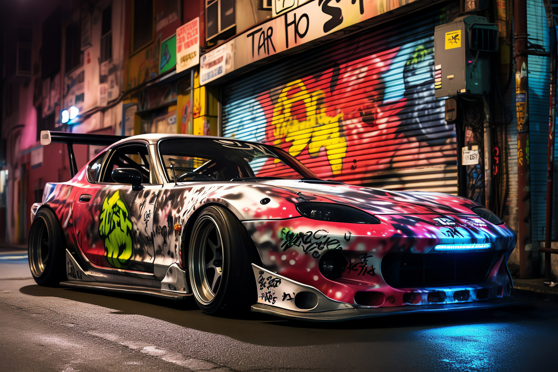 Mazda RX-7, Street racing culture, Tokyo's Shibuya vibe, Nighttime motorsports, Urban art scene, HD Desktop Image