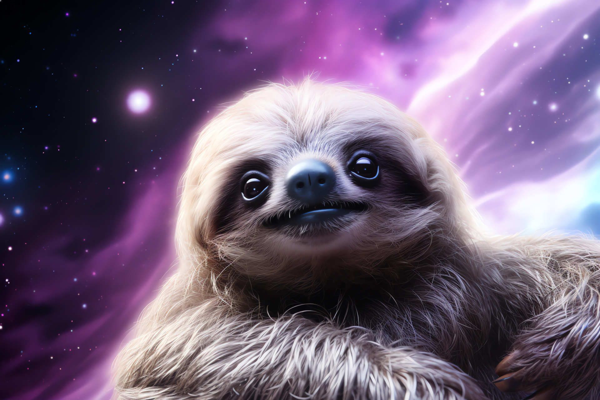 Silvery Sloth, Amethyst gaze, Space fabric weaver, Silent universe observer, Starlit grace, HD Desktop Wallpaper