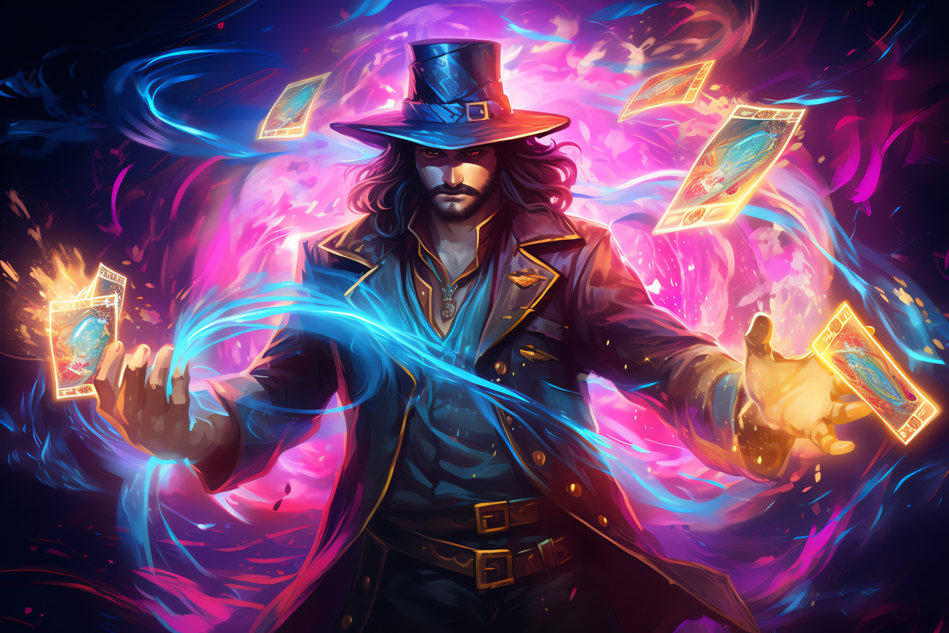 Mystic Twisted Fate, enchanted coliseum, card cyclone, conjuror's motion, fluorescent glimmer, HD Desktop Image