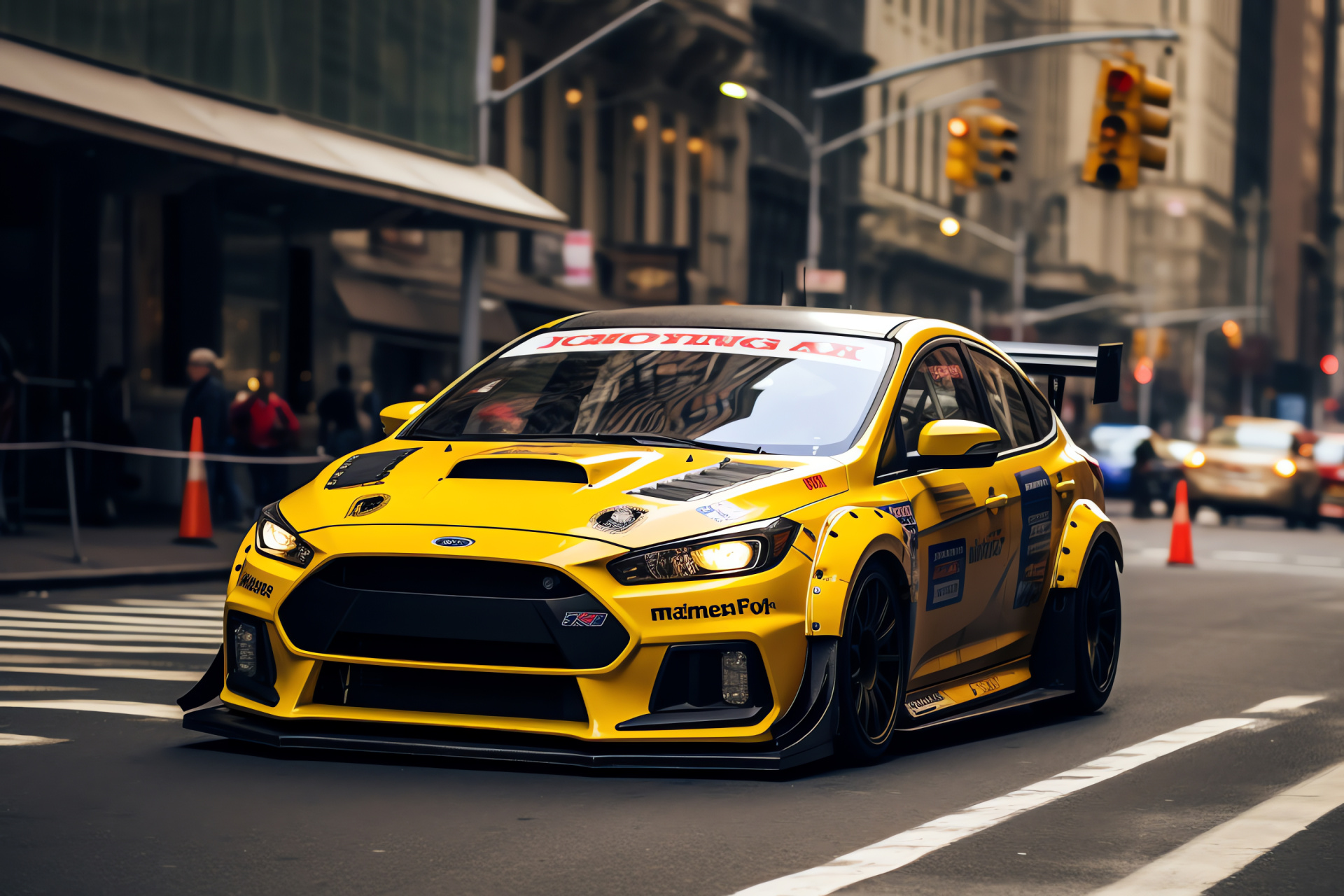 Street Racing in NYC, Street performance cars, Ford Focus RS action, Subaru WRX speed, New York City traffic, HD Desktop Image