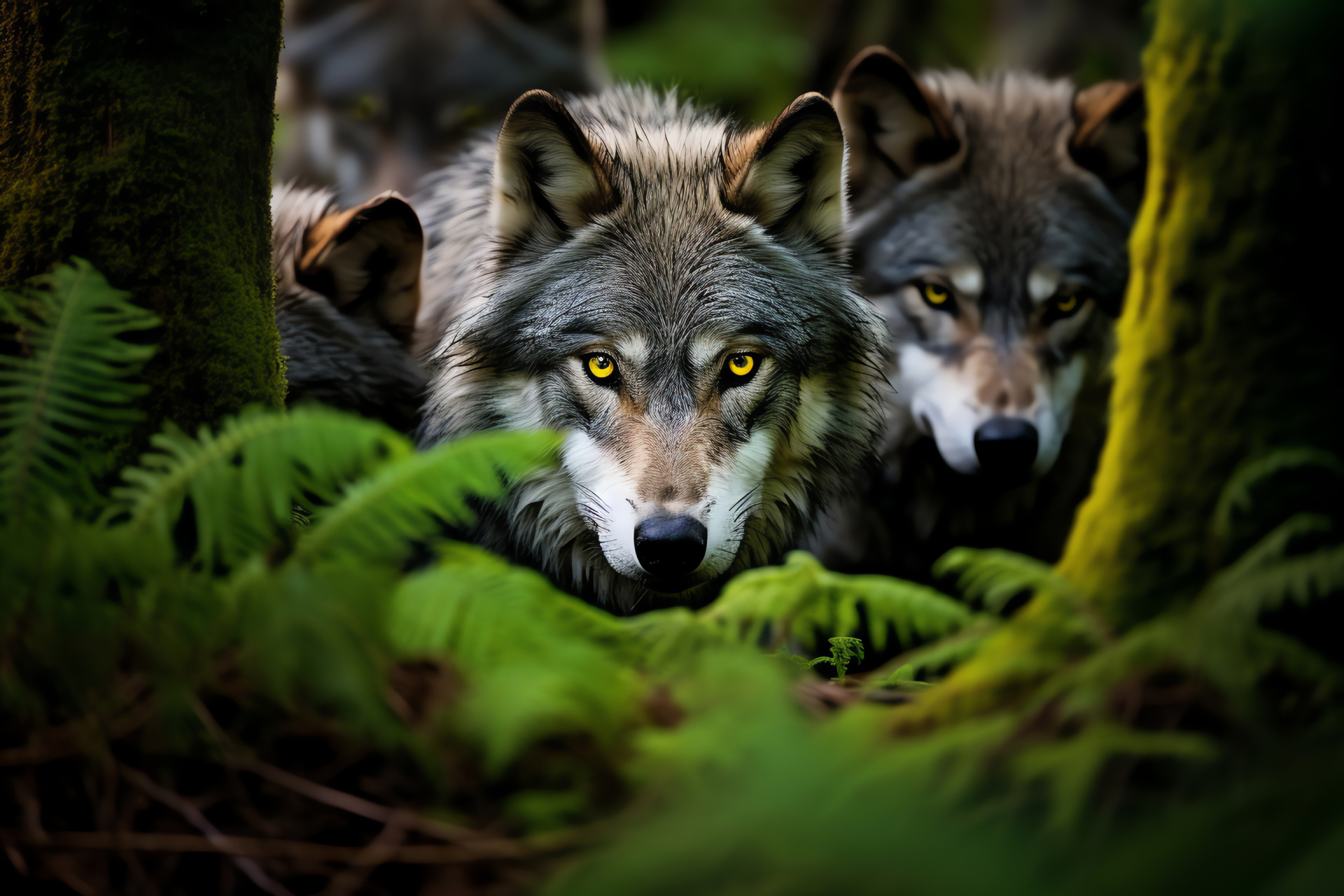 Canis lupus, Wild pack, Green-eyed hunters, Woodland inhabitants, Grey coat predators, HD Desktop Image