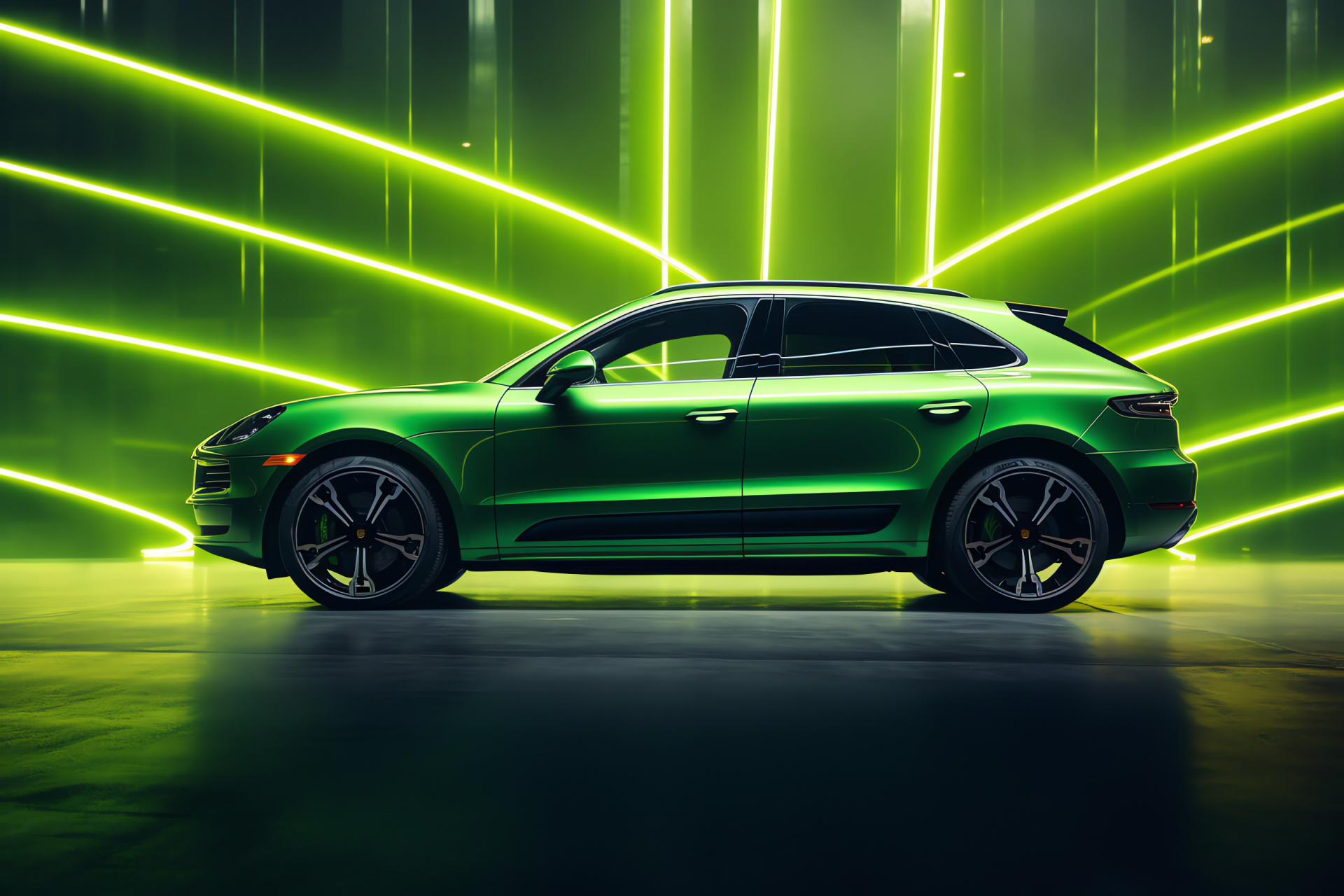 Porsche Macan Turbo, Lateral automotive aspect, Electric green hue, Dynamic illumination, Performance engineering, HD Desktop Image