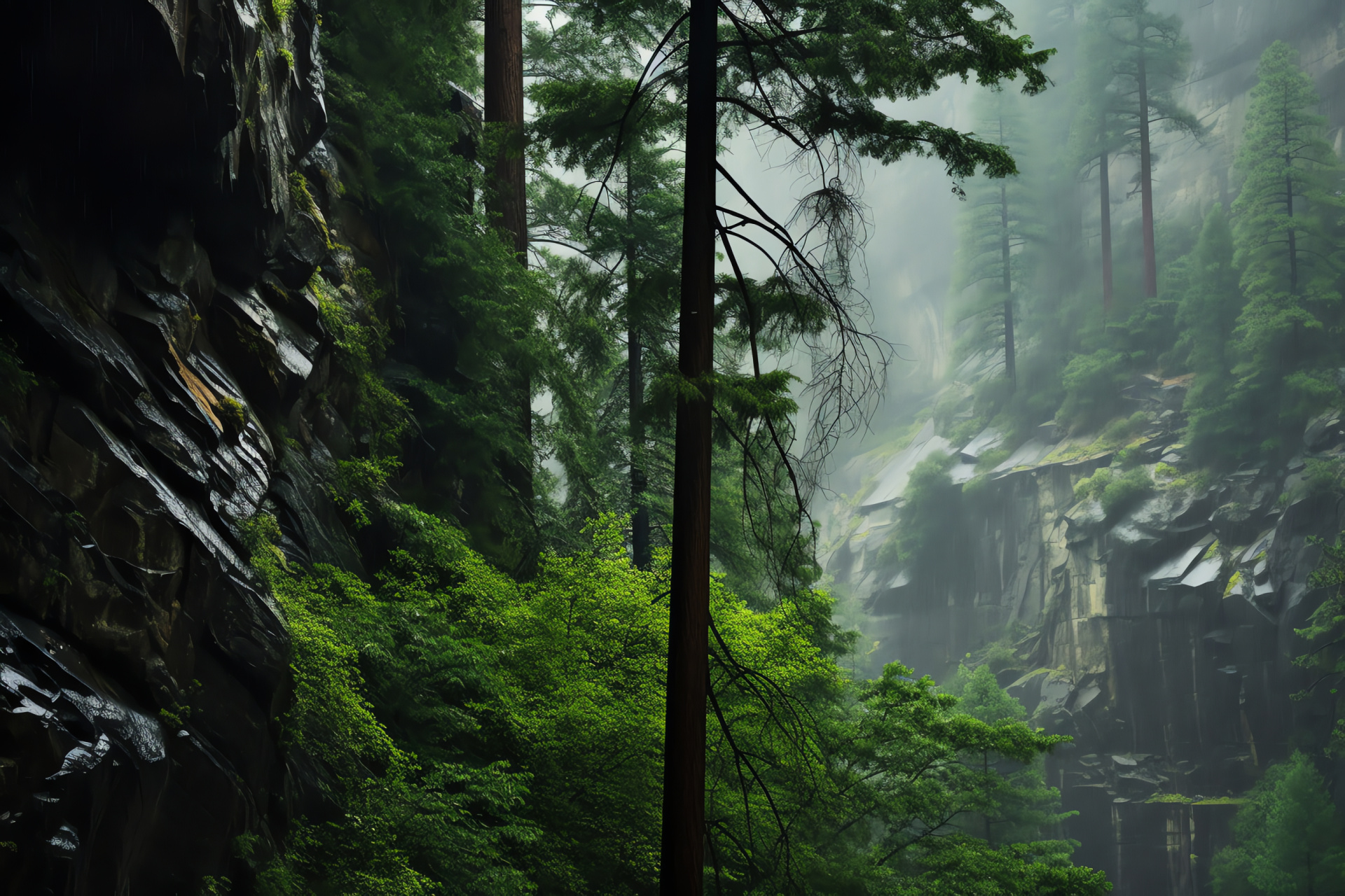 Yosemite National Park ambiance, California's wilderness, Rain in forest, Majestic cliffs, Giant sequoias, HD Desktop Image