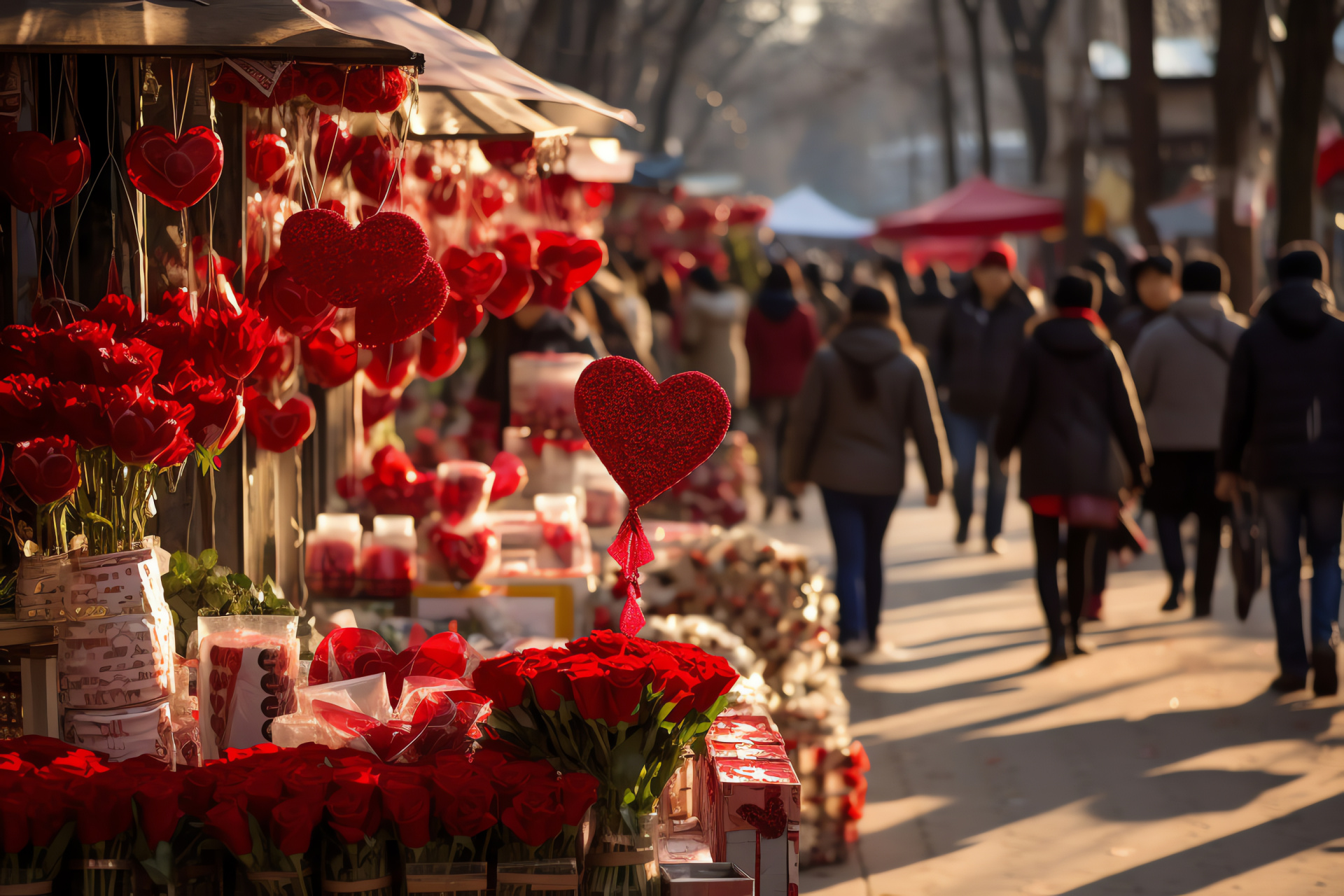 Floral street festival, Valentine's merchandise, Display of affection, Flower vendors, Seasonal decorations, HD Desktop Image